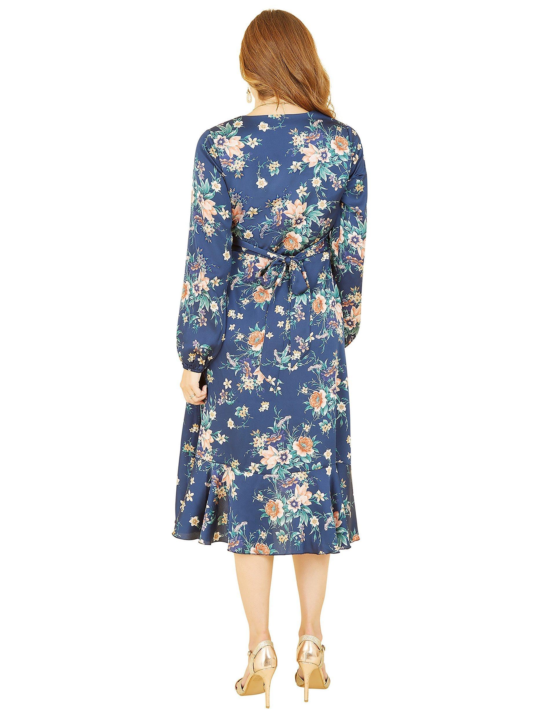 Product image 2 of 4, which shows Mela London Floral Print Satin Wrap Midi Dress, Navy, 8