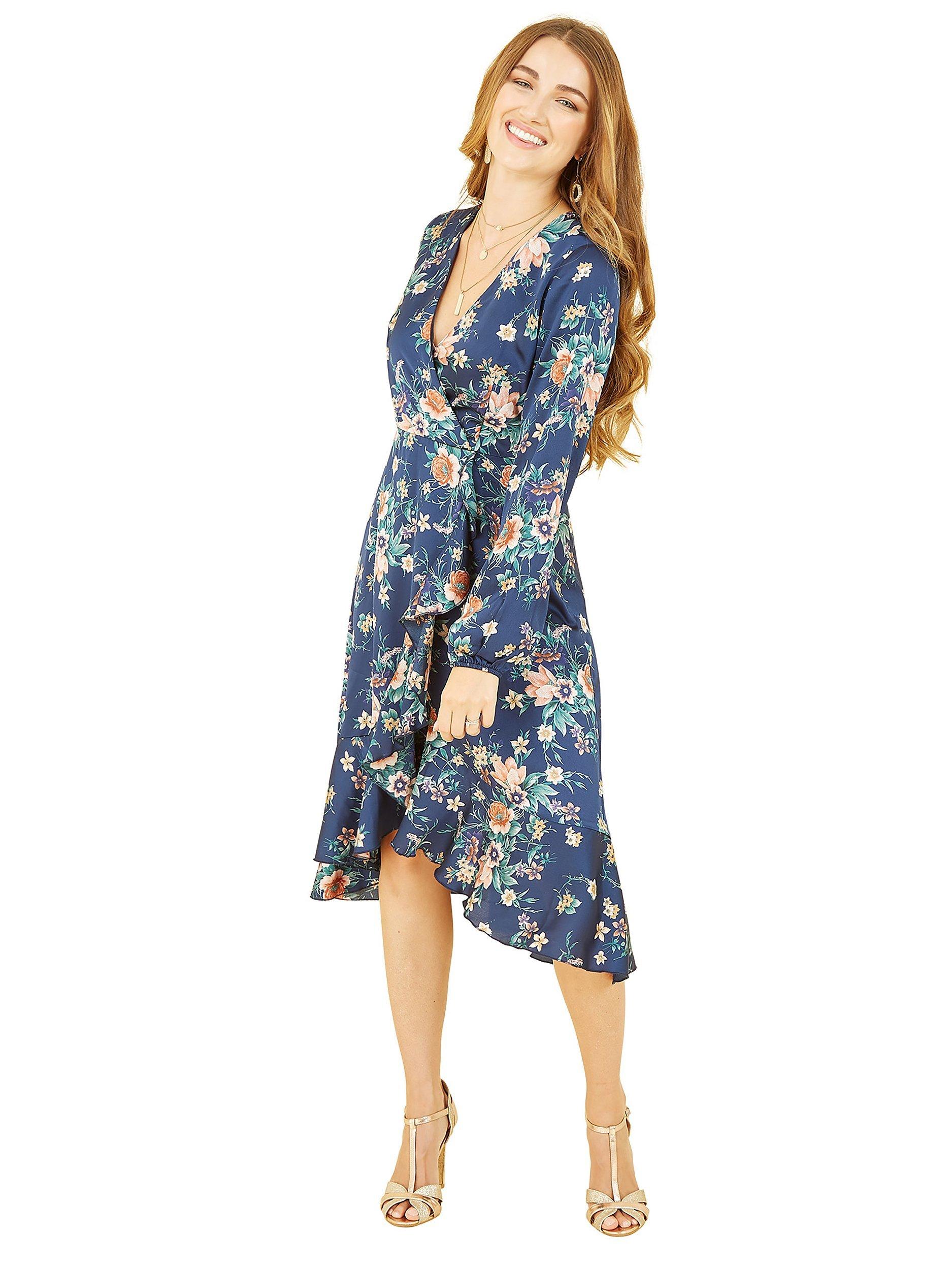 Product image 3 of 4, which shows Mela London Floral Print Satin Wrap Midi Dress, Navy, 8