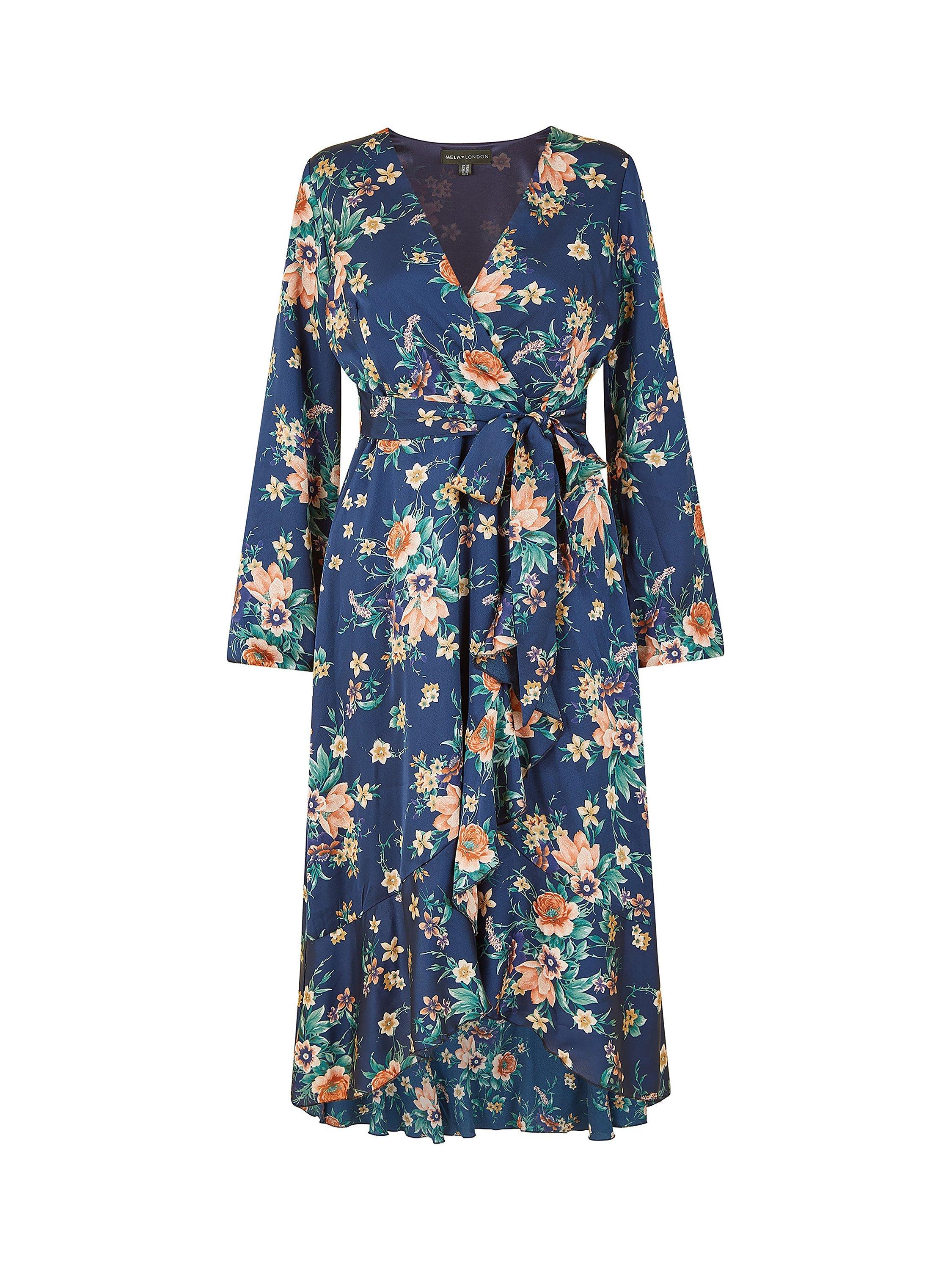 Product image 4 of 4, which shows Mela London Floral Print Satin Wrap Midi Dress, Navy, 8