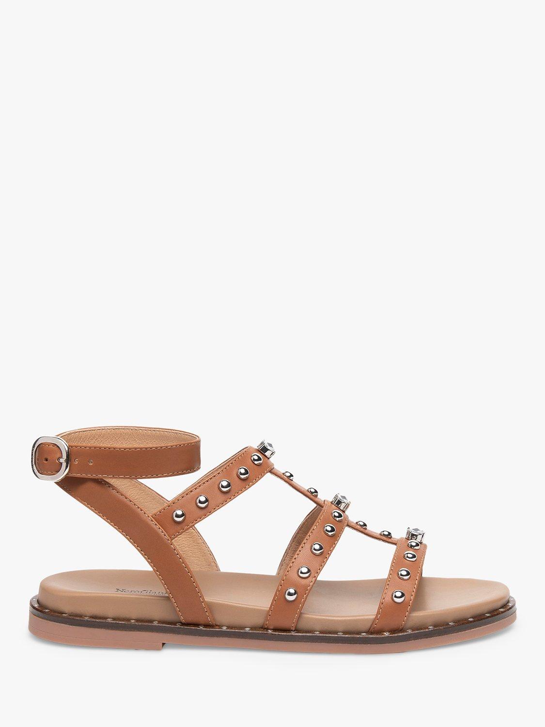 NeroGiardini Leather Studded Flat Sandals, Brown