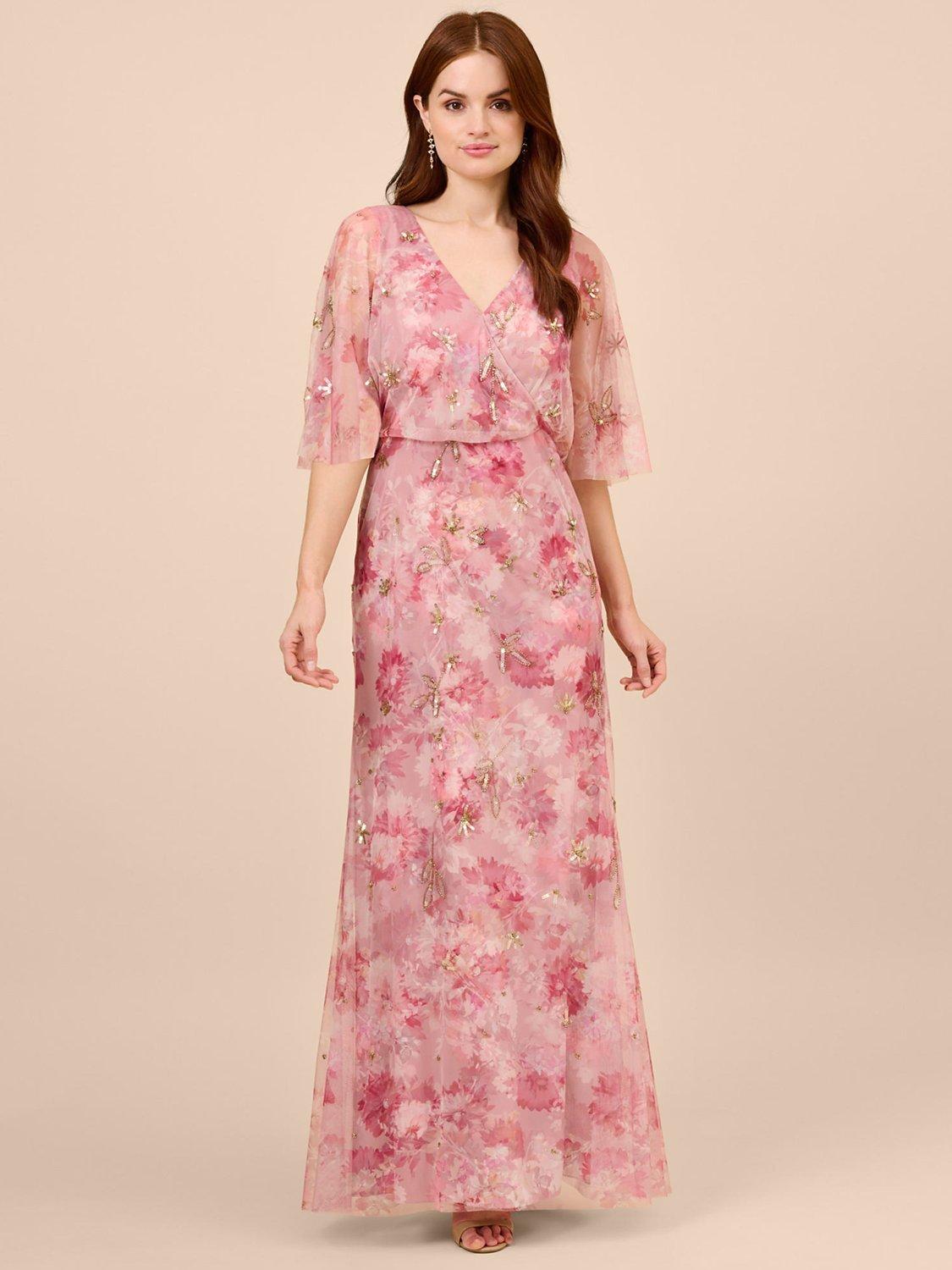 Adrianna Papell Floral Print Beaded Mesh Maxi Dress, Blush/Multi