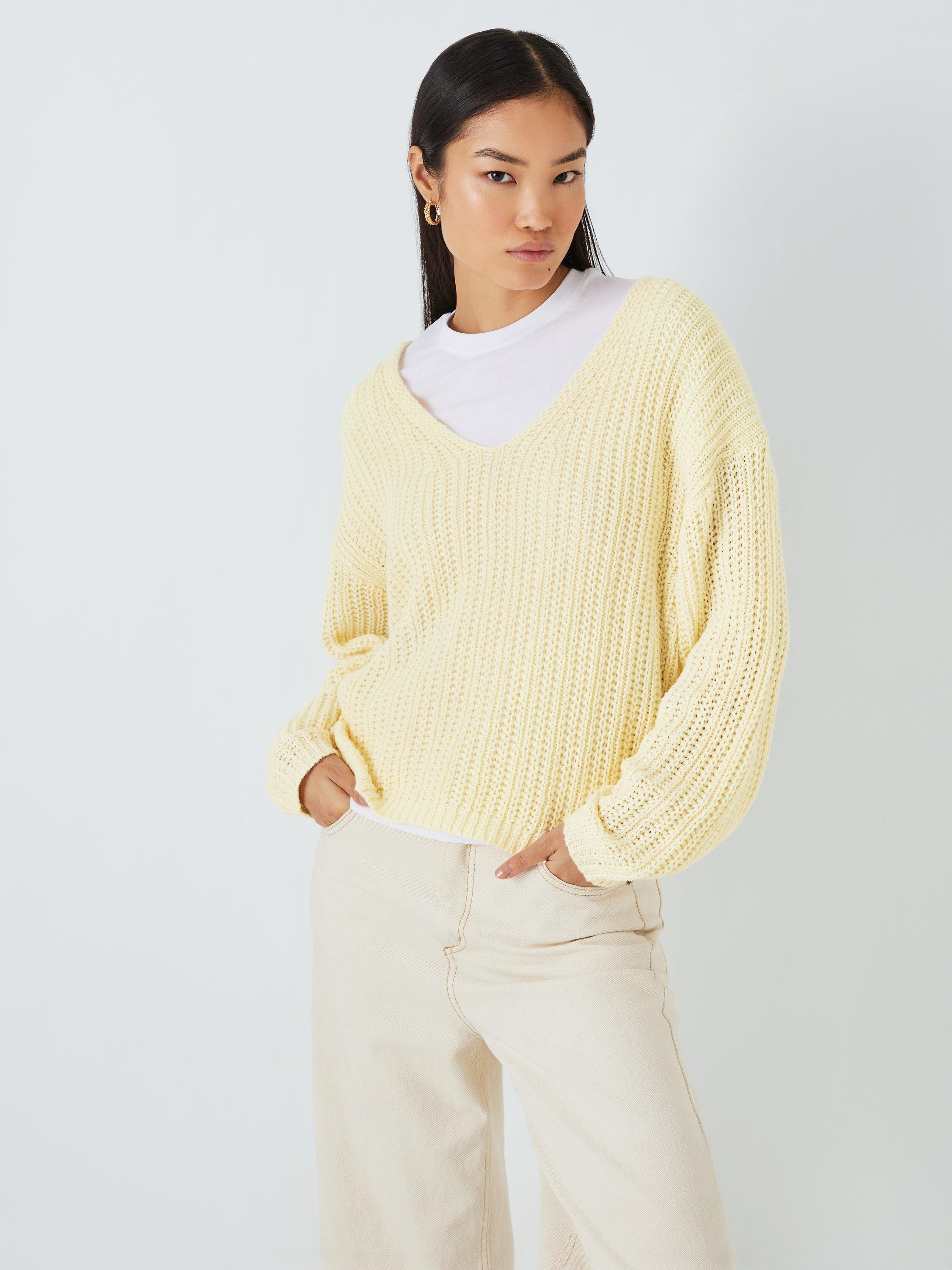 John Lewis ANYDAY Plain Slouchy Knit V-Neck Jumper, Cream, L
