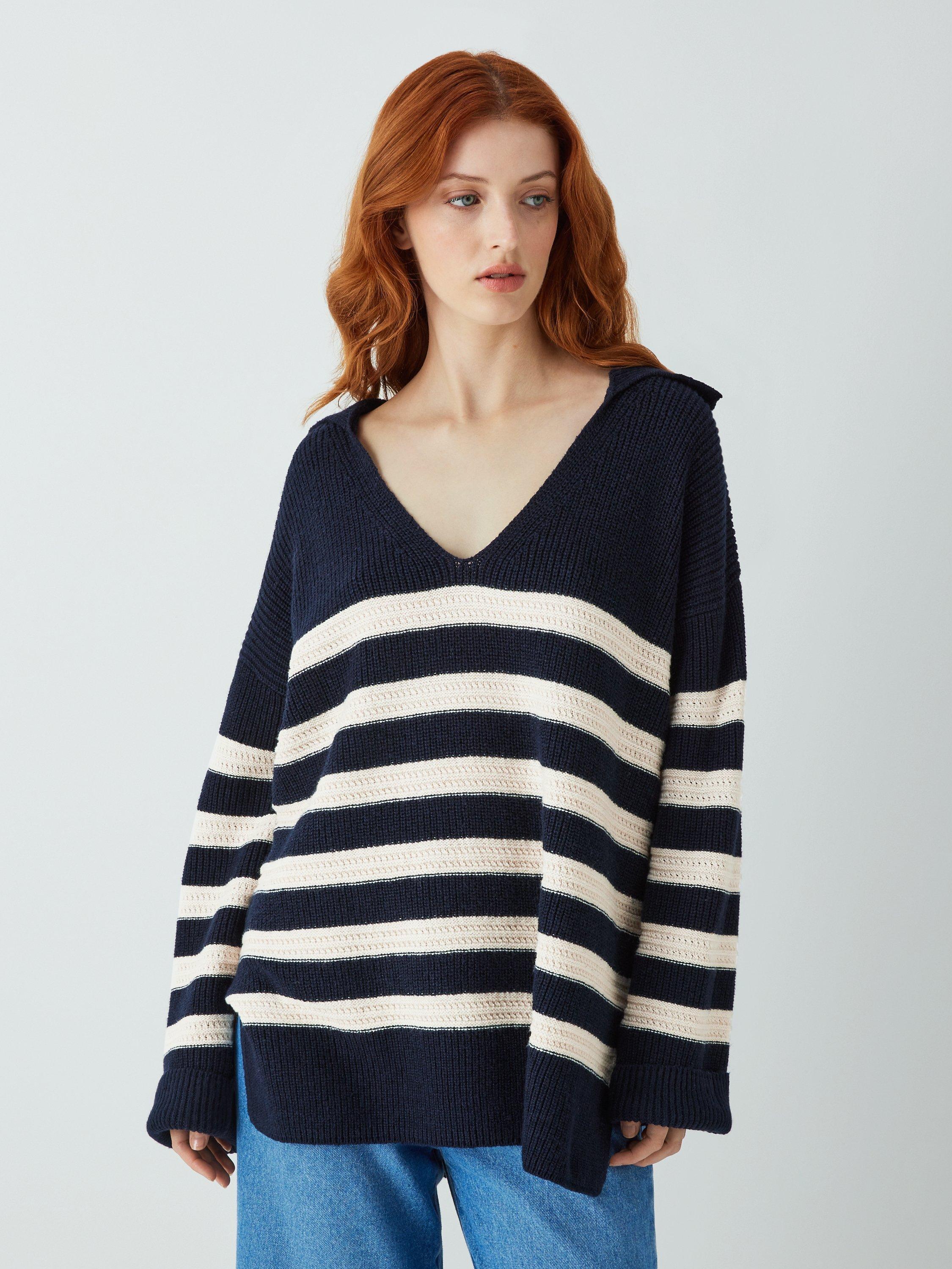 John Lewis ANYDAY Stripe Knit V-Neck Jumper, Navy/White, XL