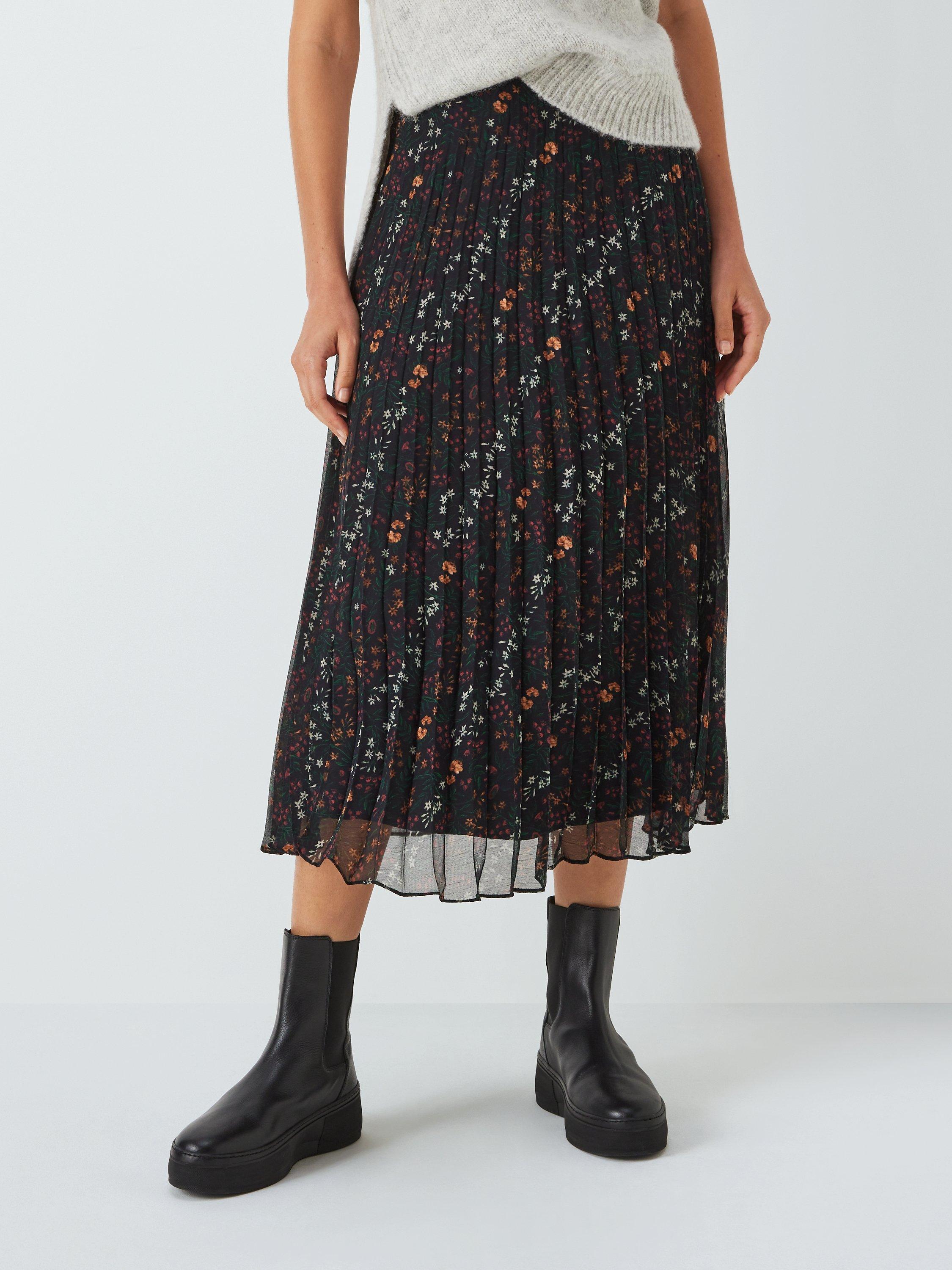 John Lewis Floral Print Pleated Skirt, Black/Multi