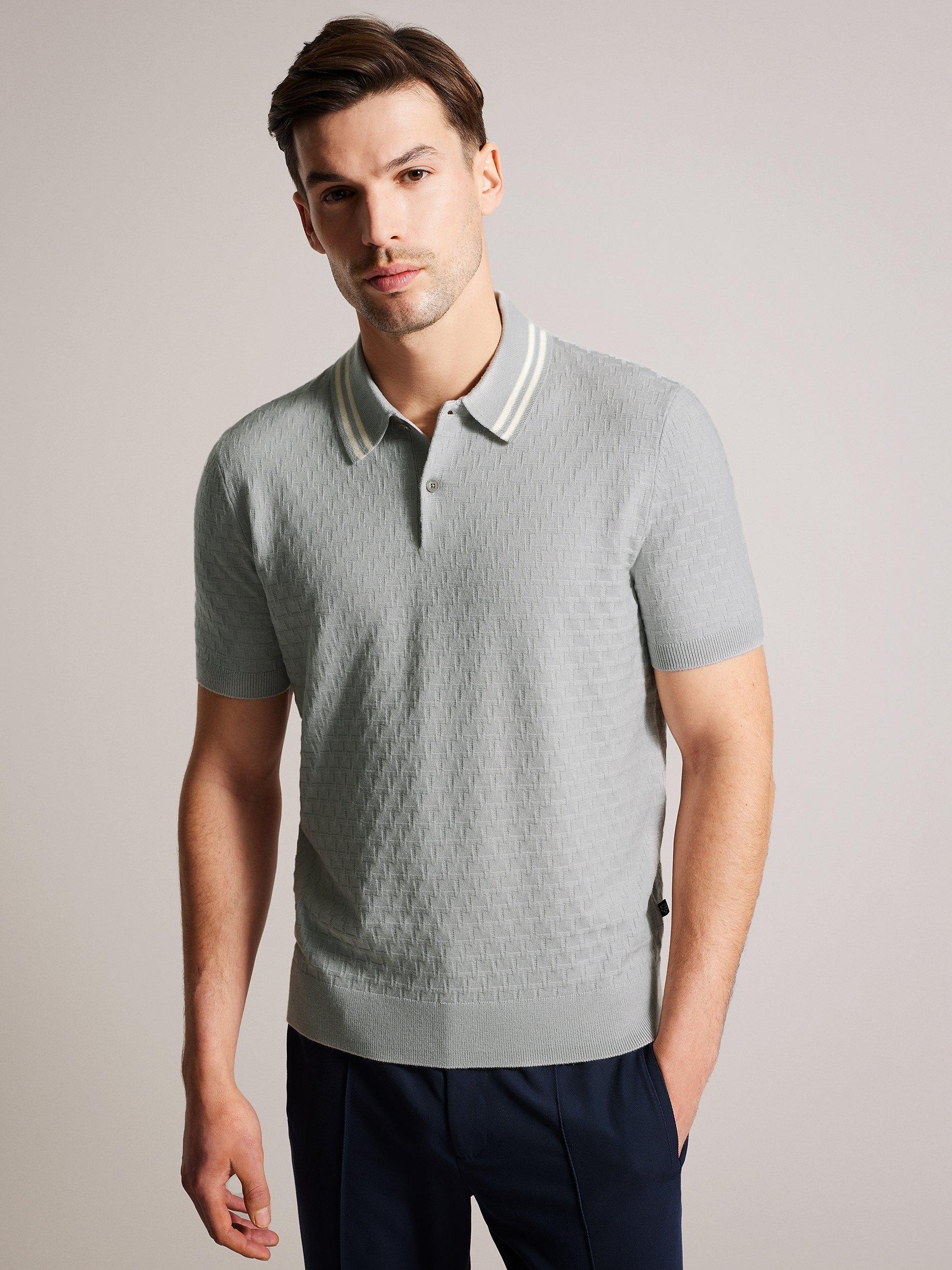 Ted Baker Mahana Textured Knit Polo Shirt, Light Grey