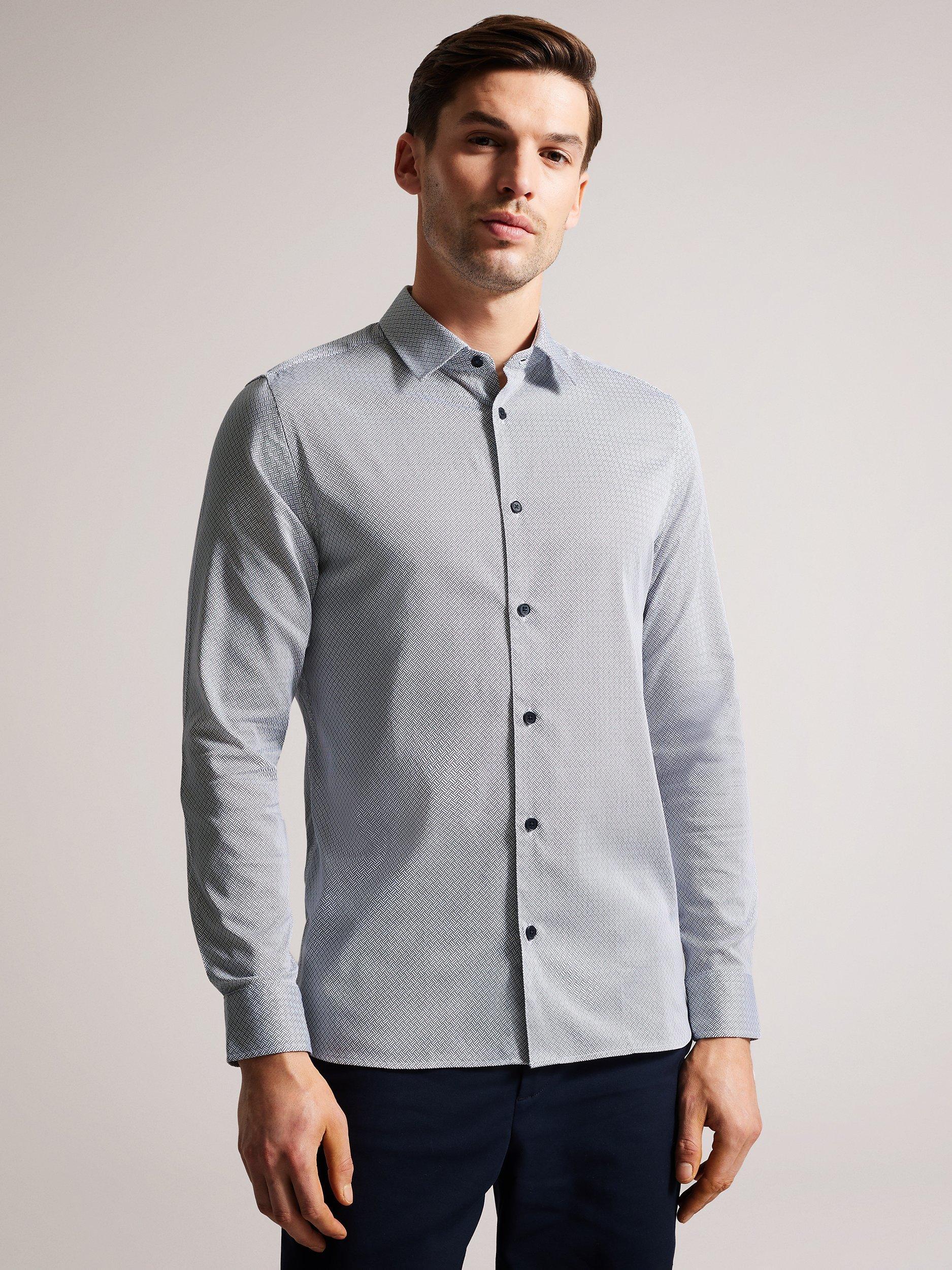 Ted Baker Alham Long Sleeve Fine Geometric Print Stretch Shirt, Navy/White