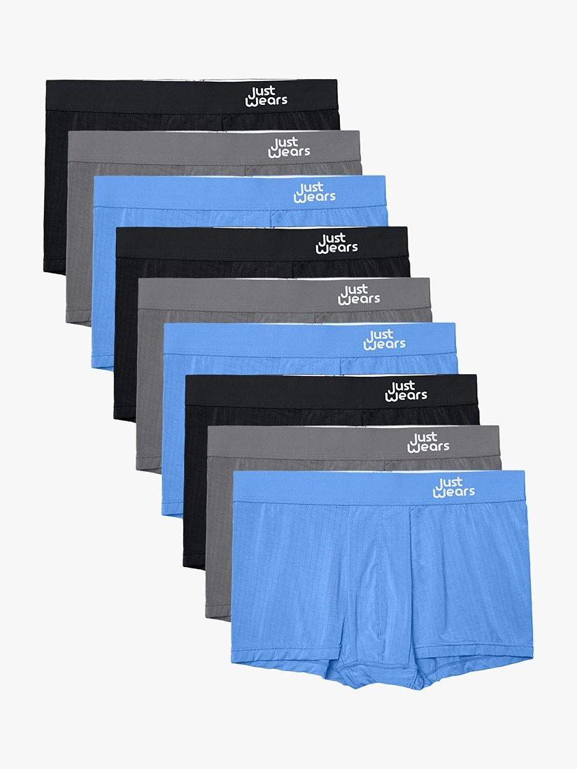 Product image 1 of 6, which shows JustWears Active Trunks, Pack of 9, Blue/Grey/Black, S