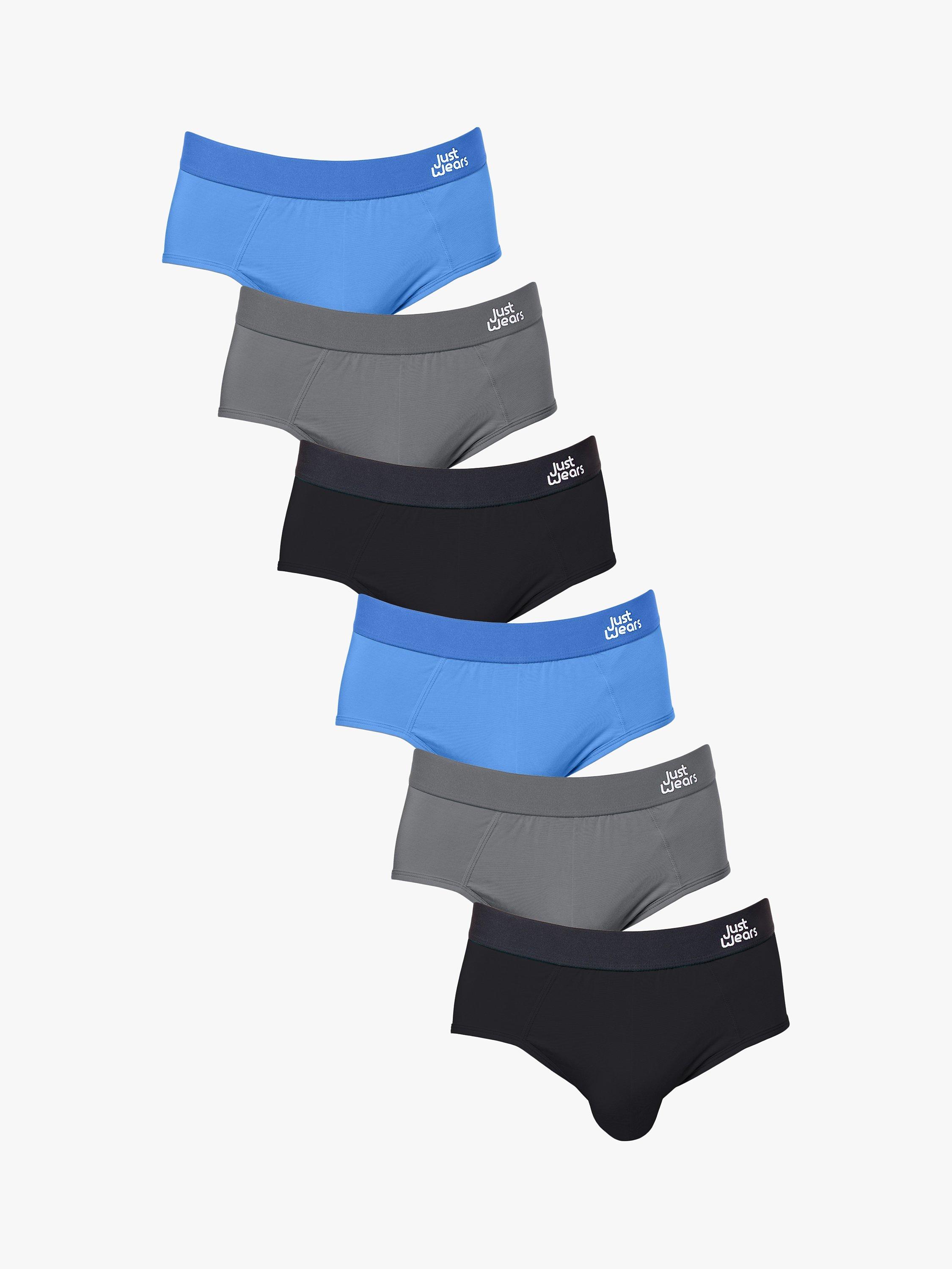 Product image 1 of 7, which shows JustWears Pro Briefs, Pack of 6, Blue/Grey/Black, S