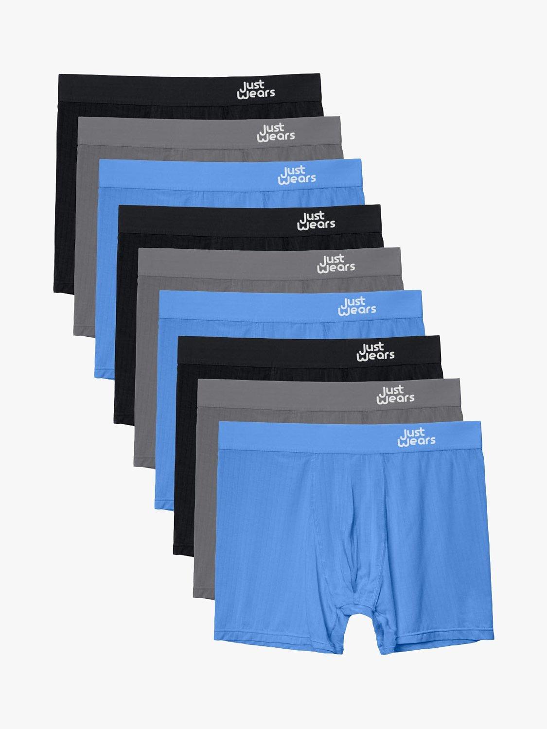 Product image 1 of 5, which shows JustWears Active Boxers, Pack of 9, Blue/Grey/Black, S