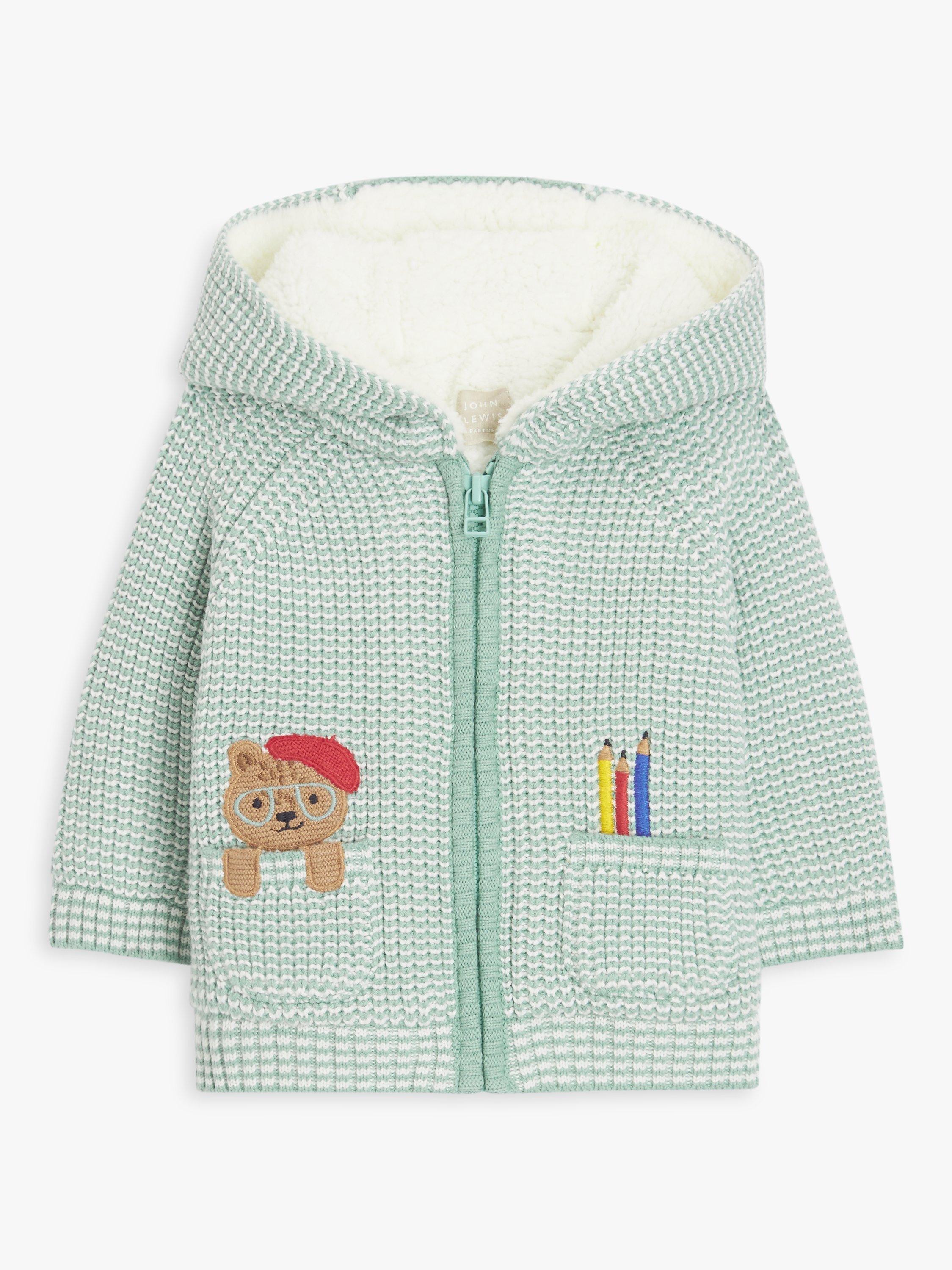 John Lewis Baby Bear Knitted Hooded Cardigan, Green/White