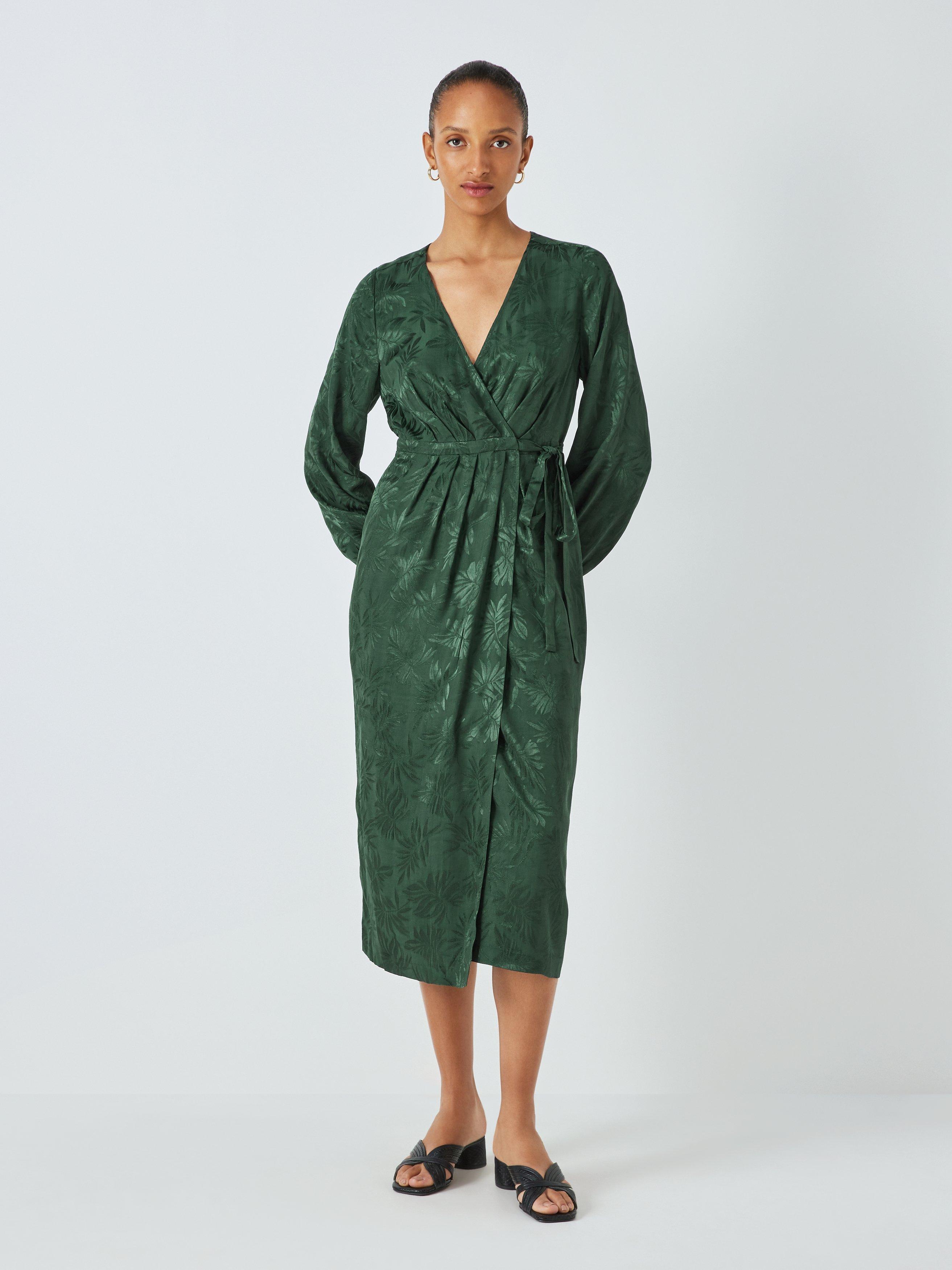 John Lewis Satin Leaf Print Wrap Dress, Sycamore Green