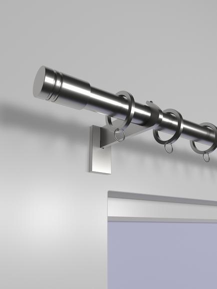 John Lewis Select Curtain Pole with Rings and Barrel Finial, Wall Fix, Dia.25mm - view 2, Brushed Steel