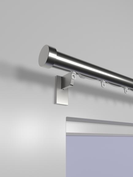 John Lewis Made to Order Select Curl Gliding Curtain Pole with Stud Finial, Wall Fix, Dia.30mm - view 2, Brushed Steel