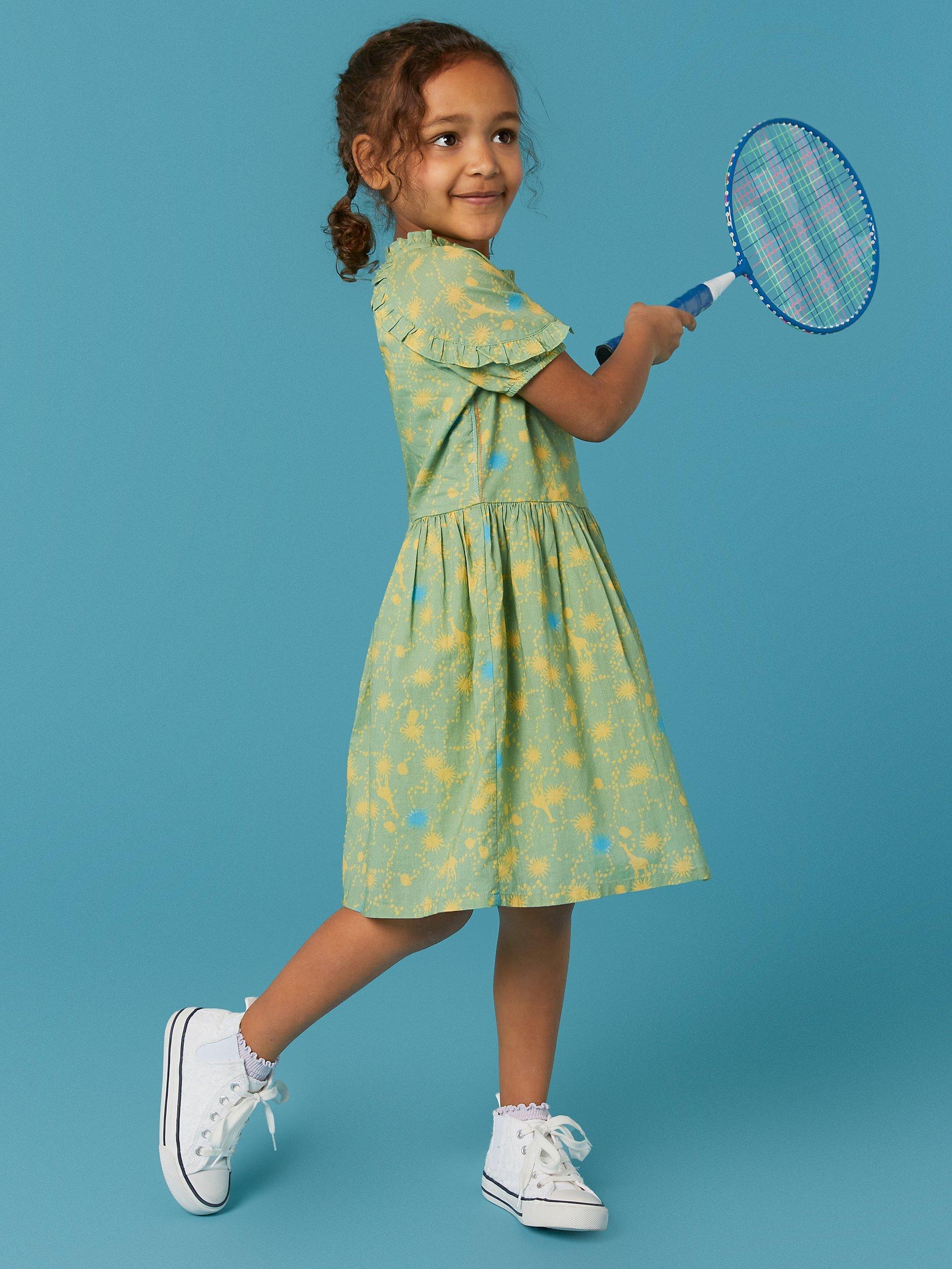 White Stuff Kid's Ruffle Abstract Print Dress, Green/Multi