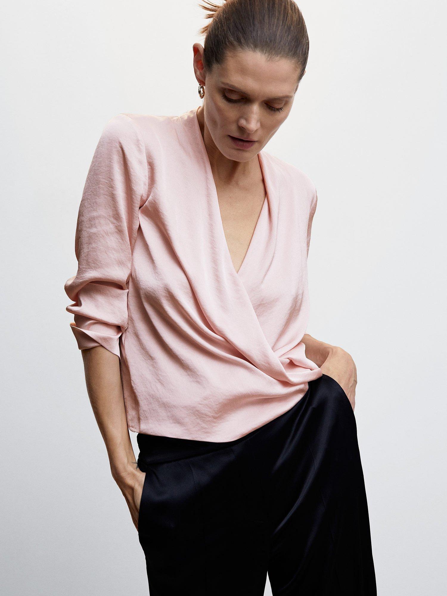 Mango Cruise Satin Wrap Front Blouse, Pastel Pink