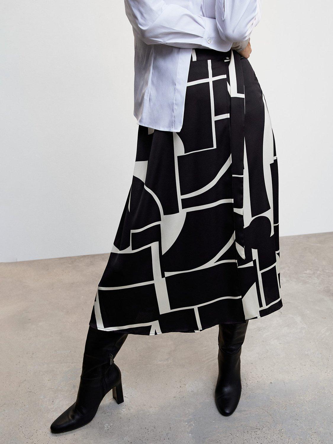 Mango Zelda Geometric Print Satin Midi Skirt, Black