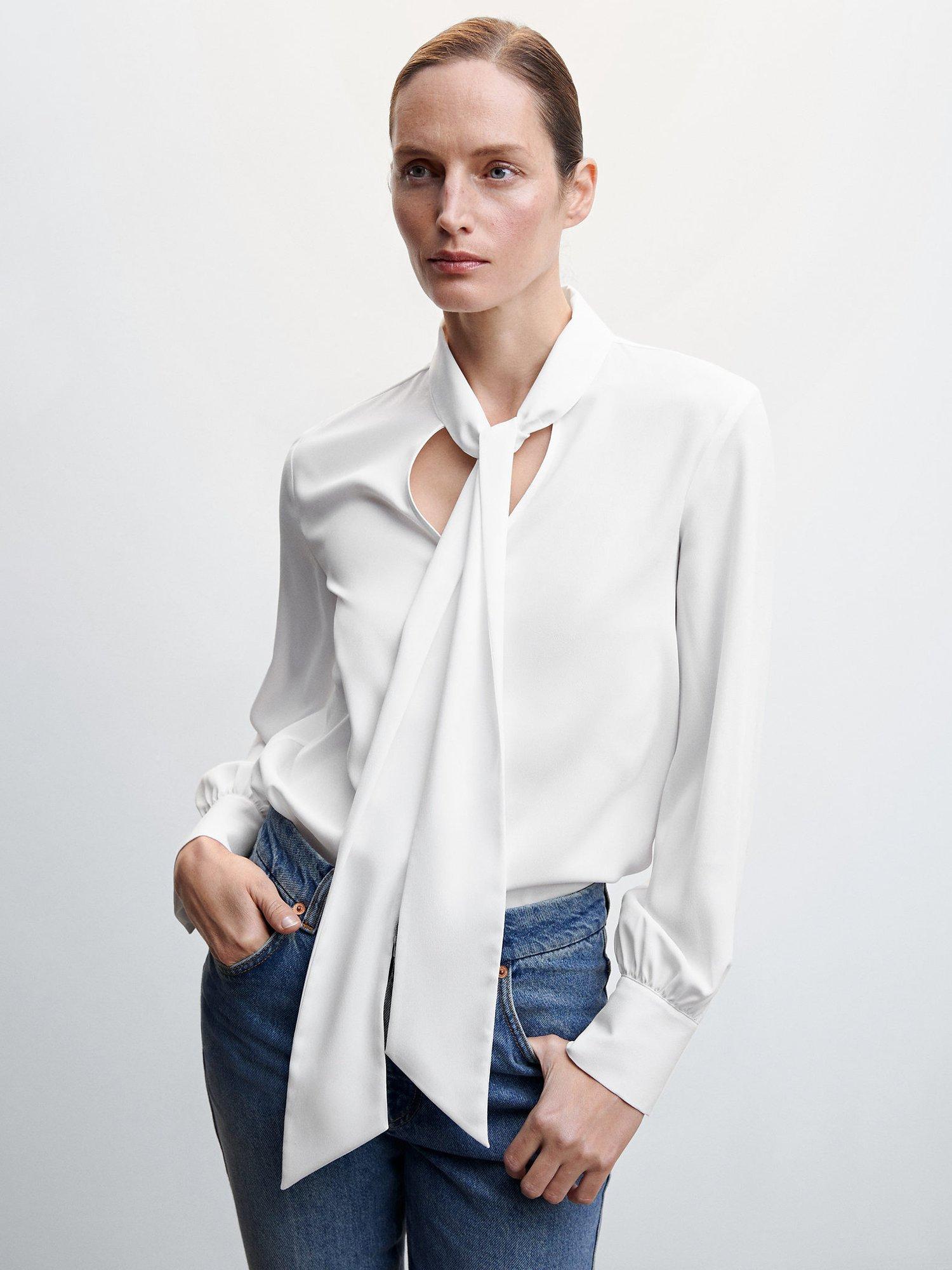 Mango Tie Neck Blouse, Natural White