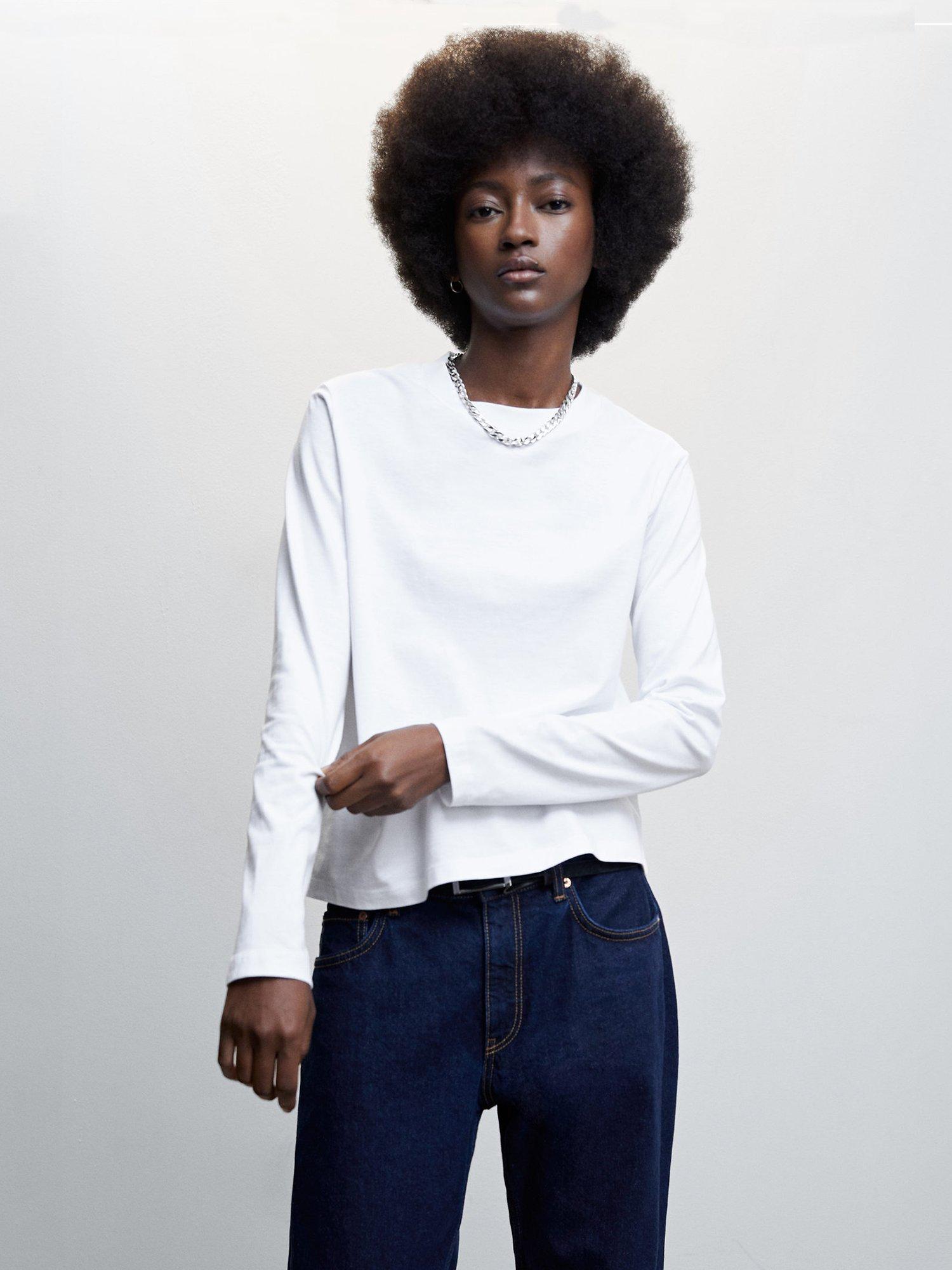 Mango Ribi Long Sleeve Cotton T-shirt, White, M