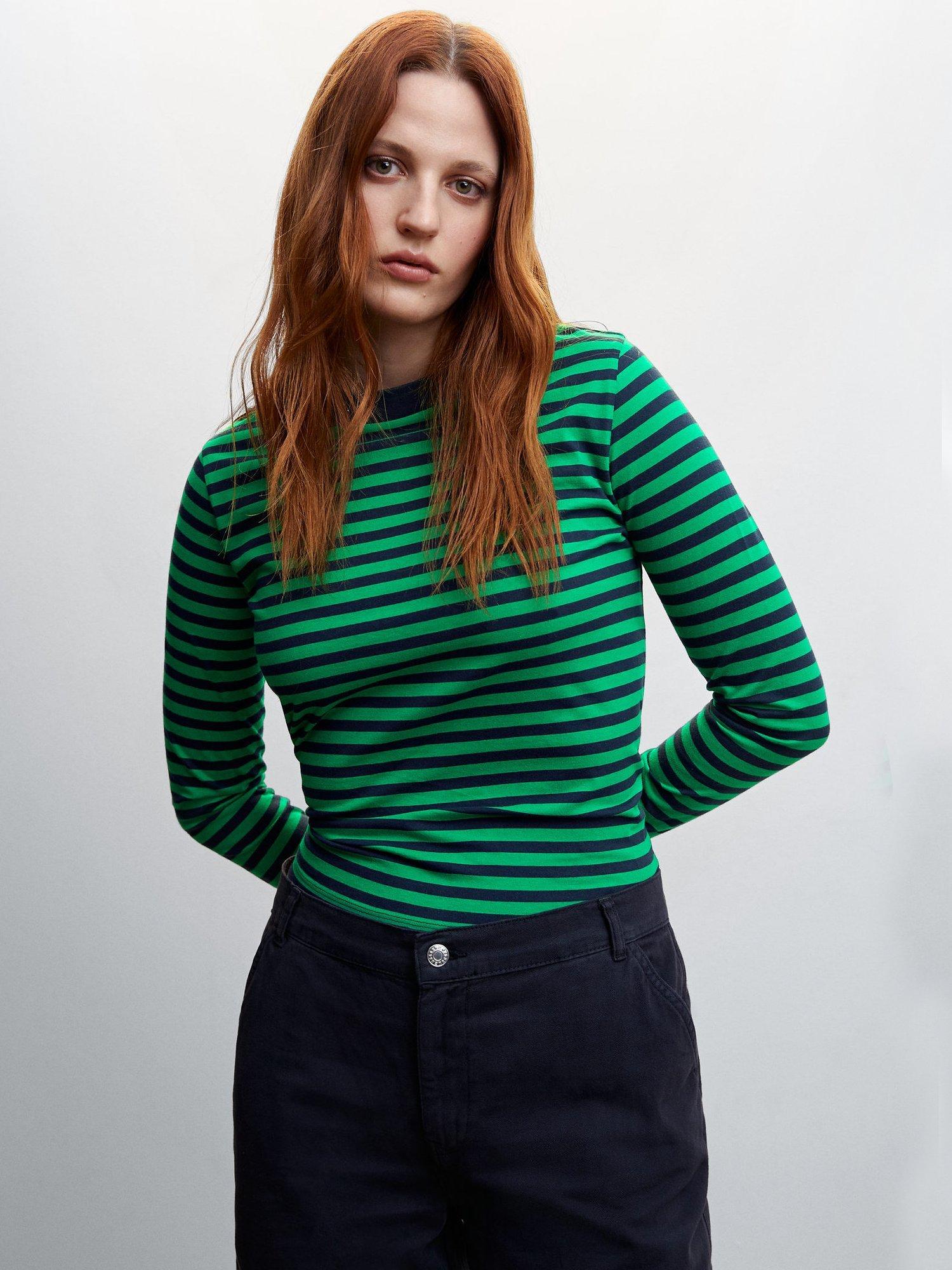 Mango Riba Cotton Stripe T-shirt, Green/Navy Blue