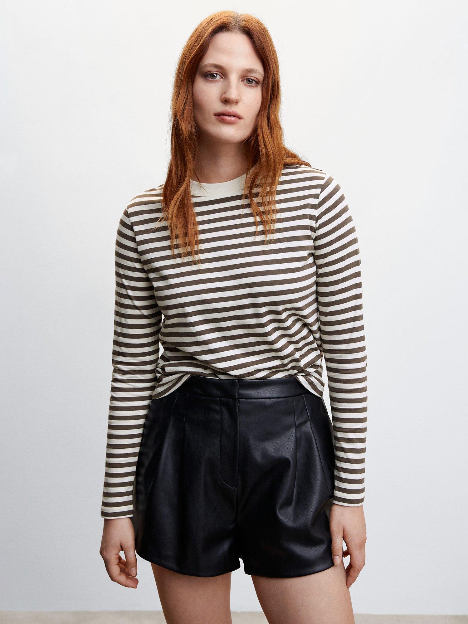 Mango Riba Cotton Stripe T-shirt, Cream/Brown