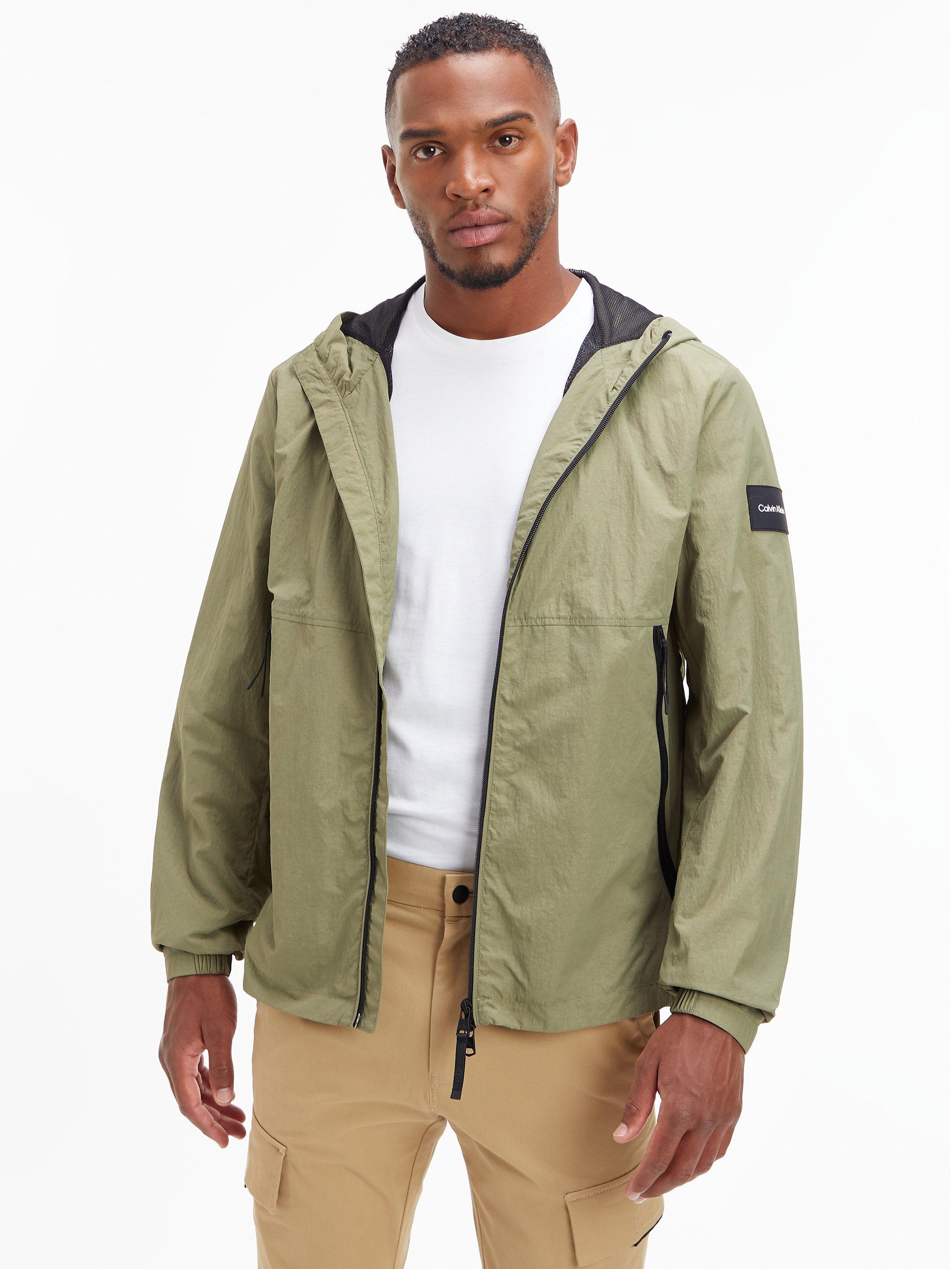 Calvin Klein Crinkle Nylon Zip Up Hooded Jacket, Delta Green