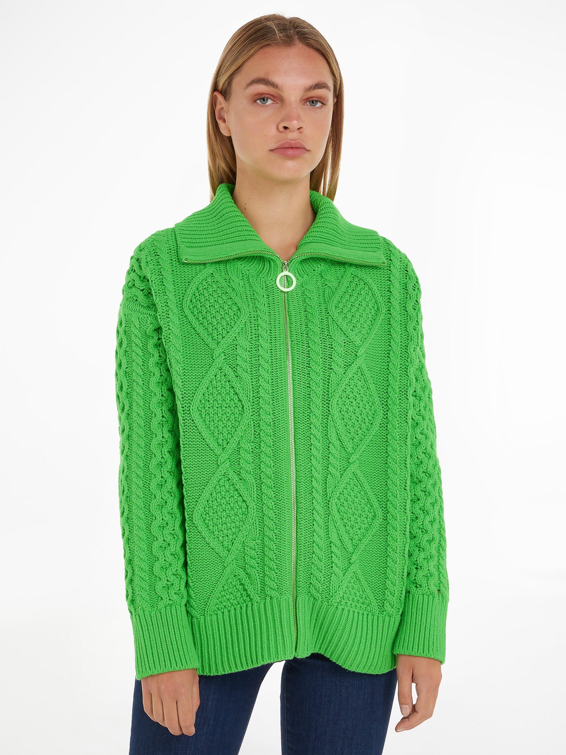 Tommy Hilfiger Cable Knit Zip Through Jumper, Spring Lime