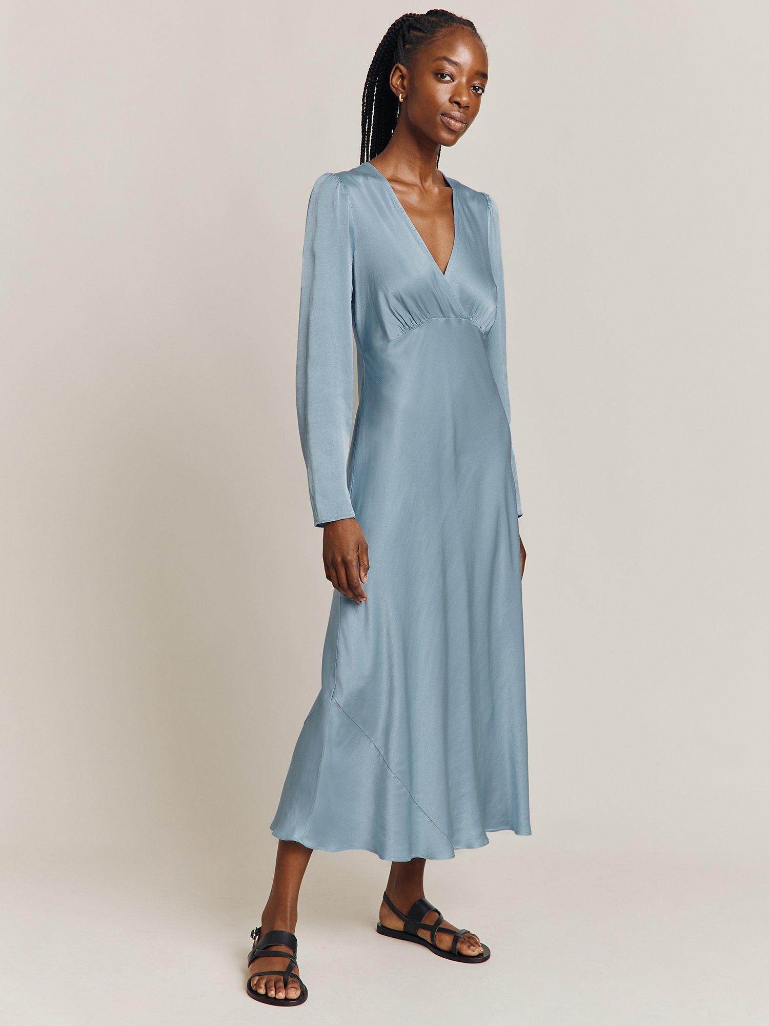 Ghost Hallie Bias Cut Satin Dress, Soft Blue