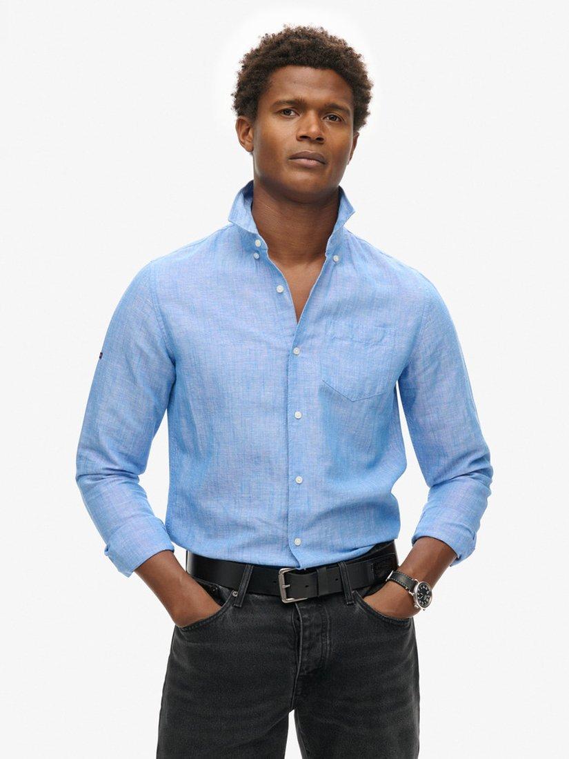 Product image 1 of 8, which shows Superdry Studios Linen and Organic Cotton Blend Shirt, Blue Bonnet, S