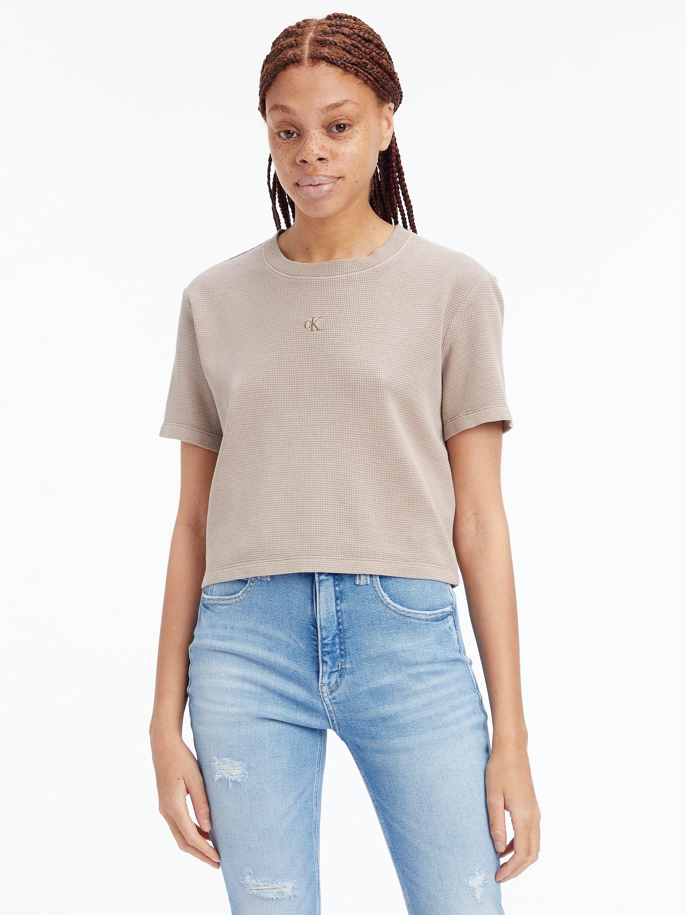 Calvin Klein Waffle Mono Logo Embroidered T-Shirt, Shitake