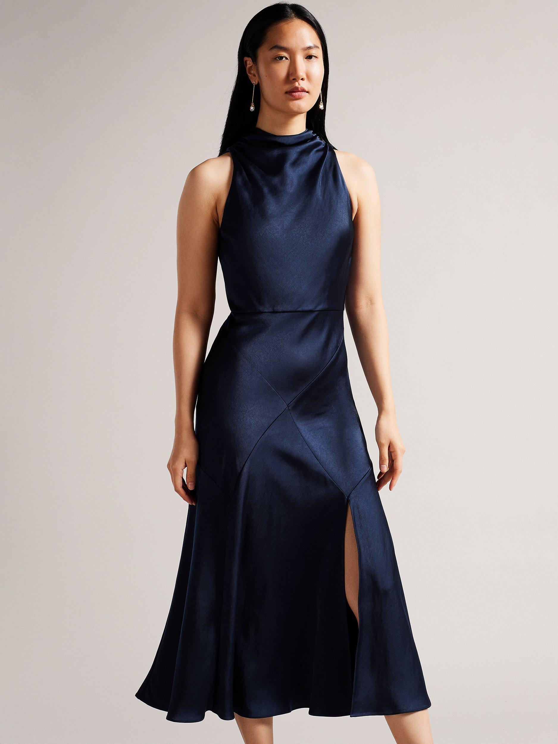 Ted Baker Lilymay Halterneck Midi Satin Dress, Dark Blue