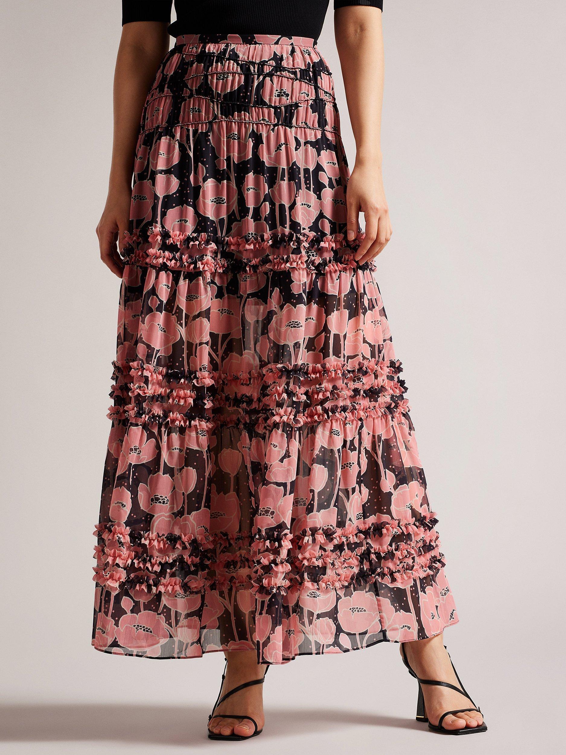 Ted Baker Allesaa Floral Tiered Maxi Skirt, Black/Multi