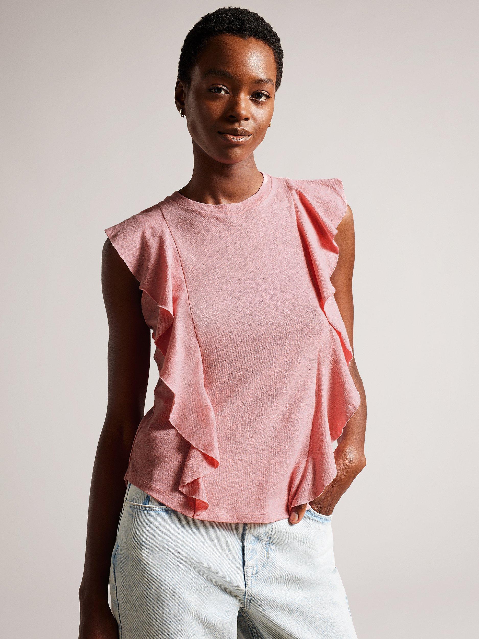 Ted Baker Kathley Ruffle Detail Linen Blend Top, Dusky Pink