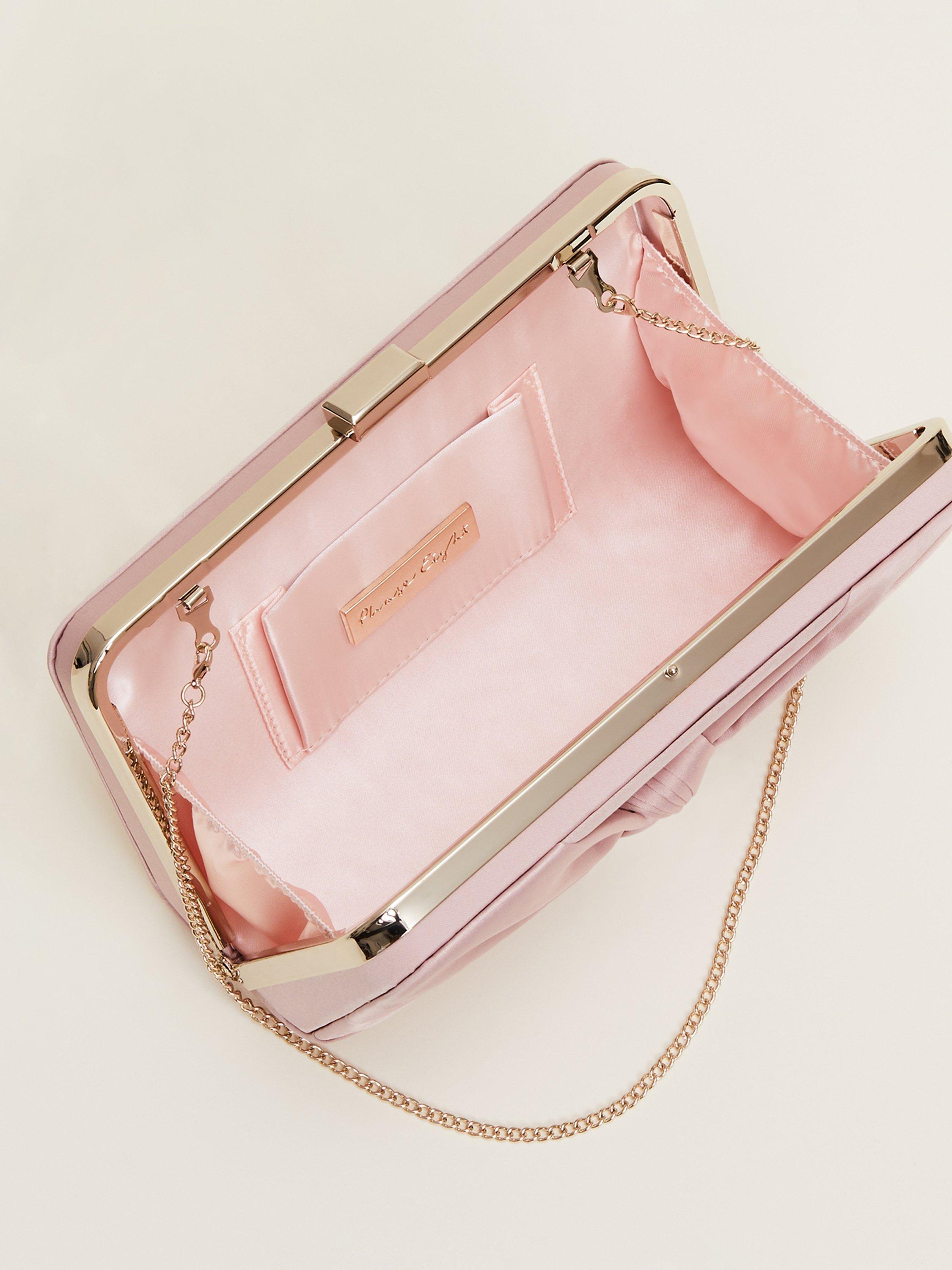 Product image 4 of 6, which shows Phase Eight Satin Knot Front Box Clutch Bag, Antique Rose, One Size