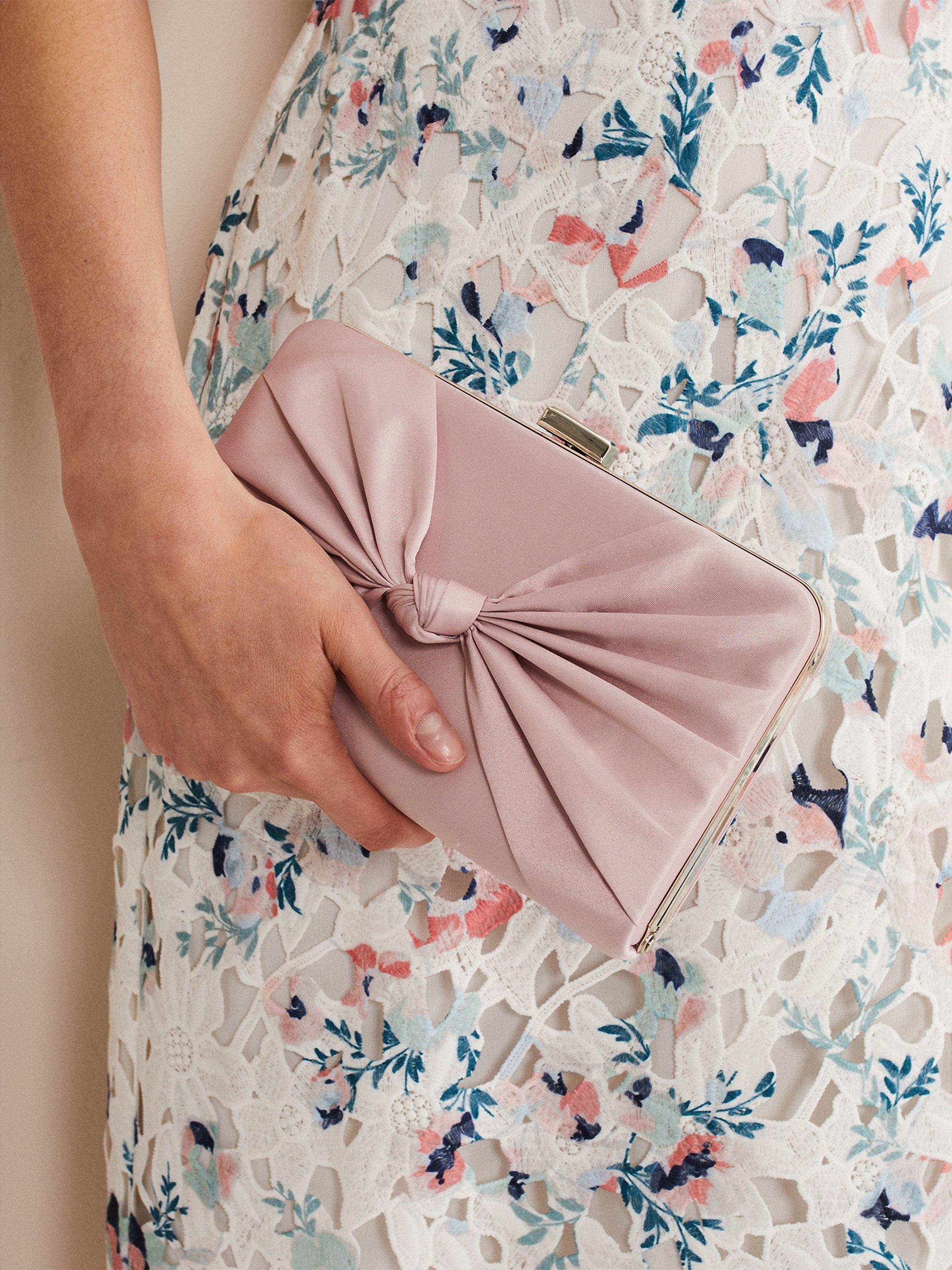 Product image 6 of 6, which shows Phase Eight Satin Knot Front Box Clutch Bag, Antique Rose, One Size