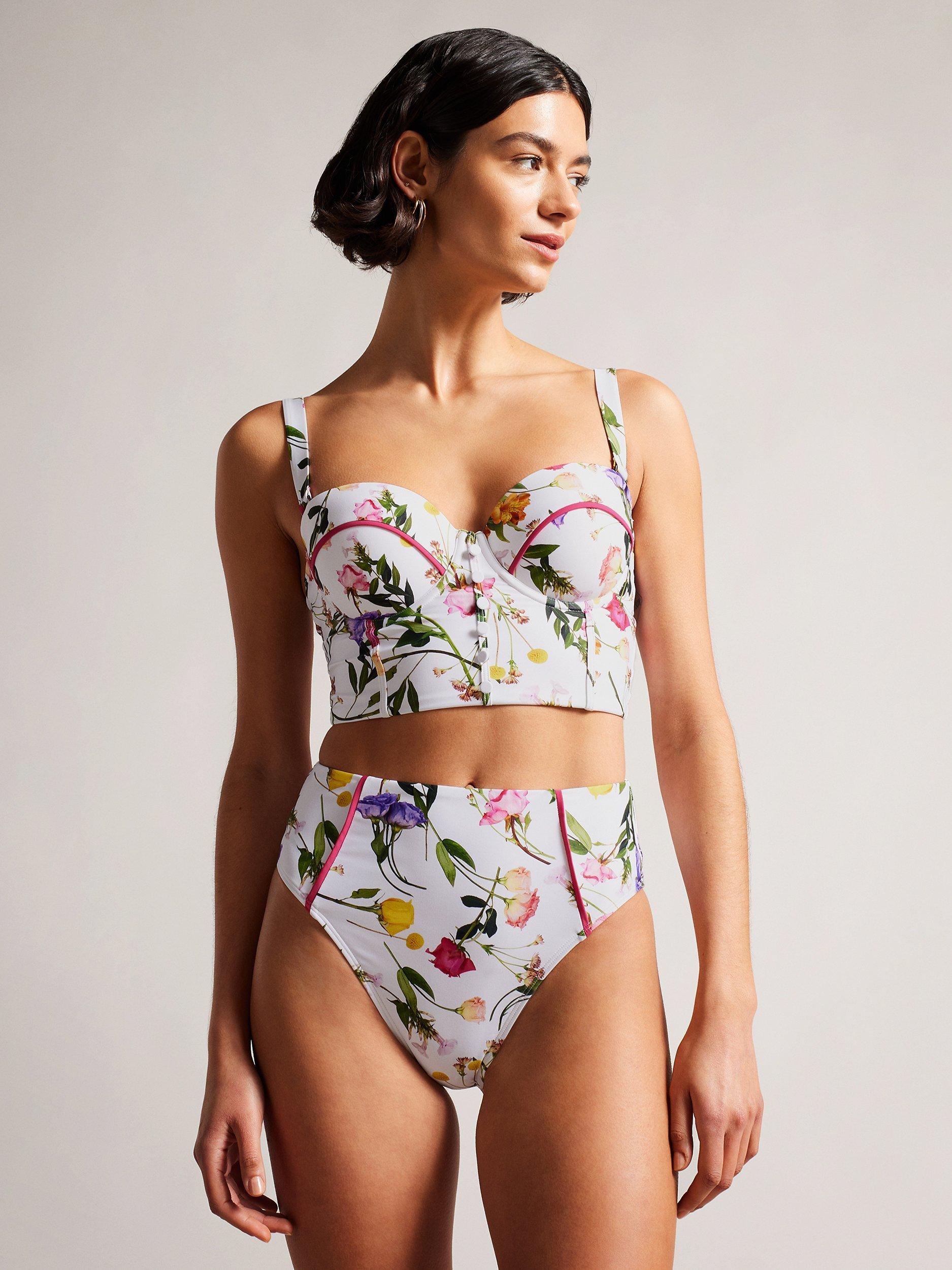 Ted Baker Rosaby Floral Print High Waist Bikini Bottoms, White