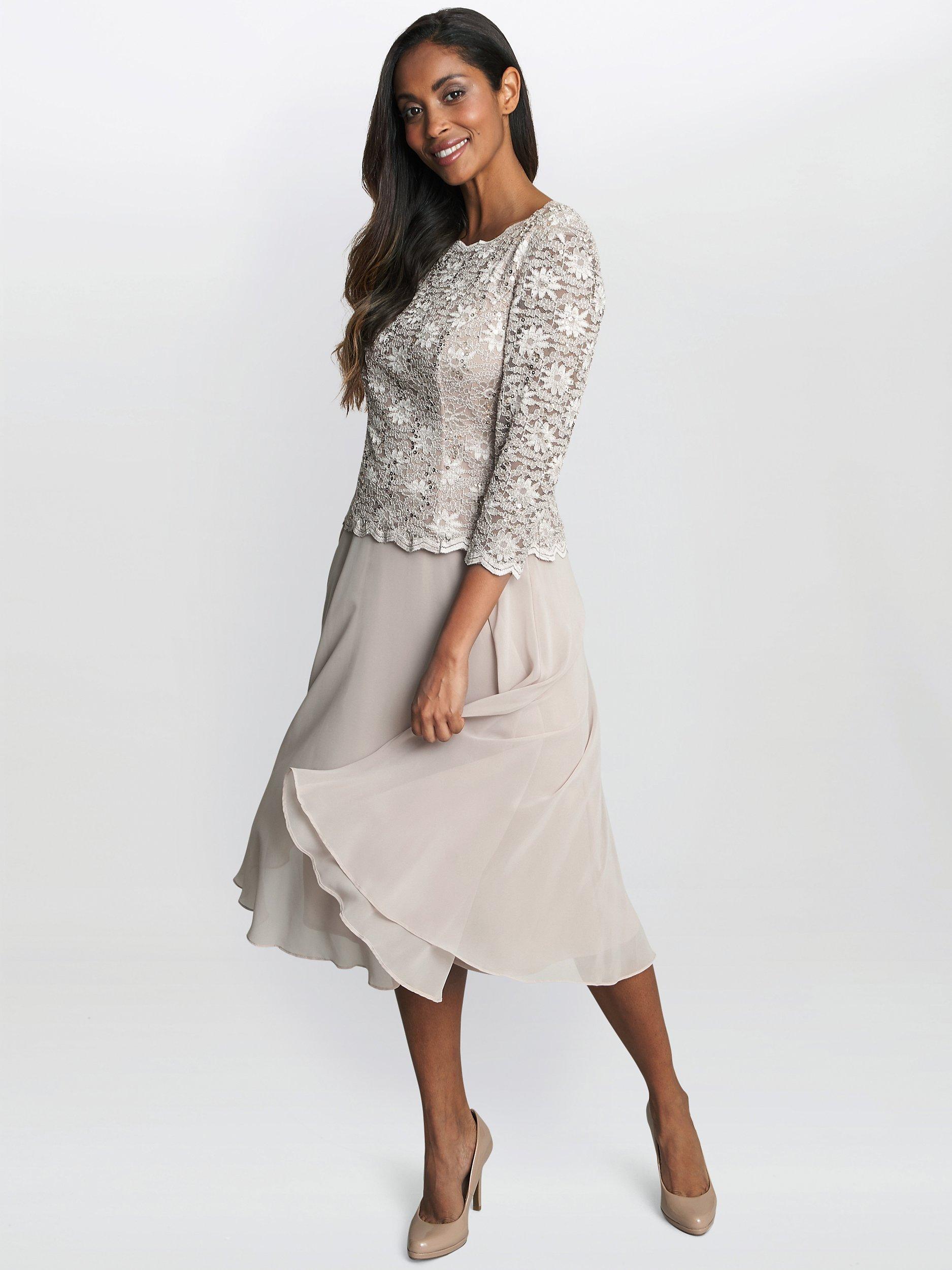 Gina Bacconi Rona Floral Lace Bodice Midi Dress Taupe