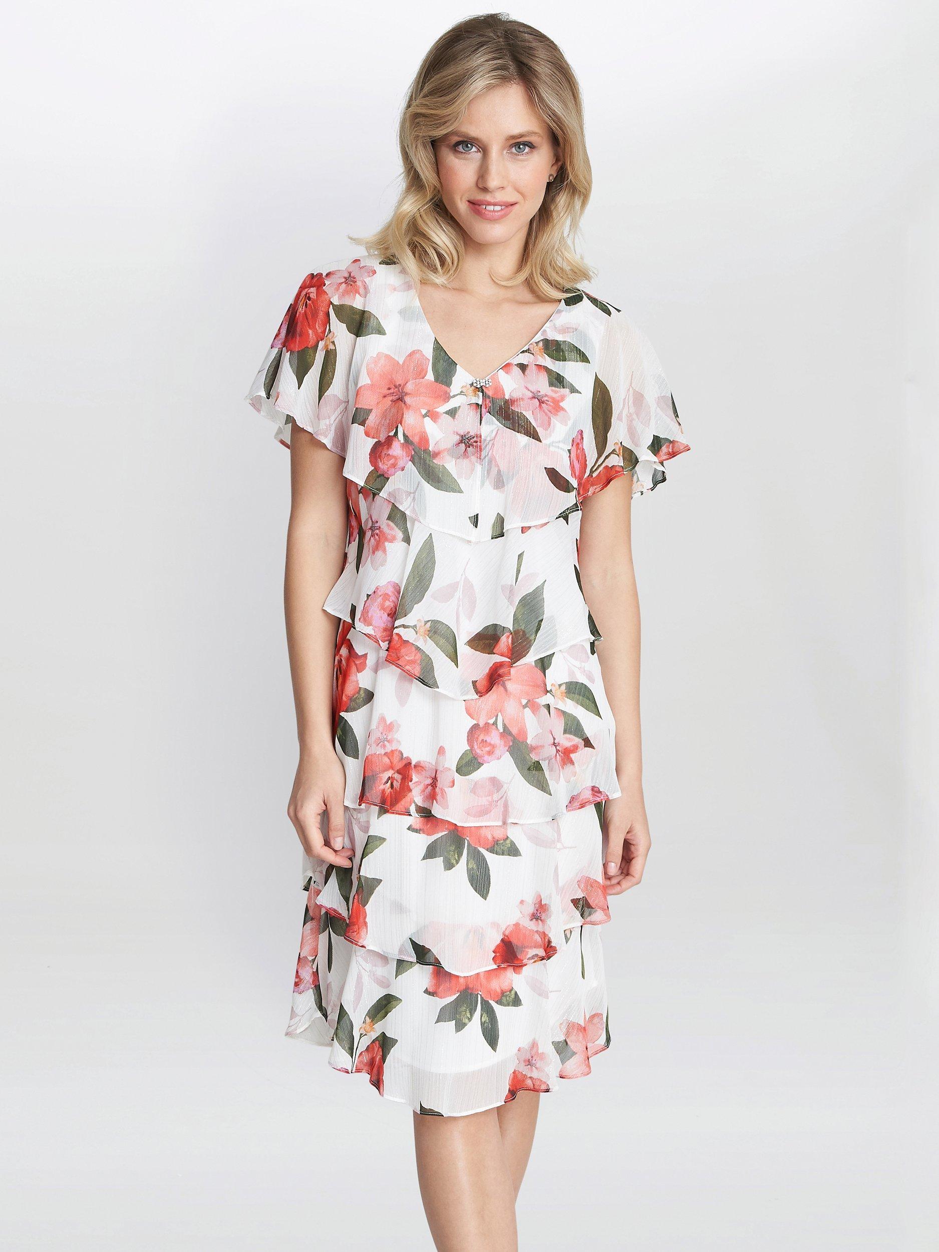 Gina Bacconi Andie Floral Print Tiered Dress, Ivory/Multi