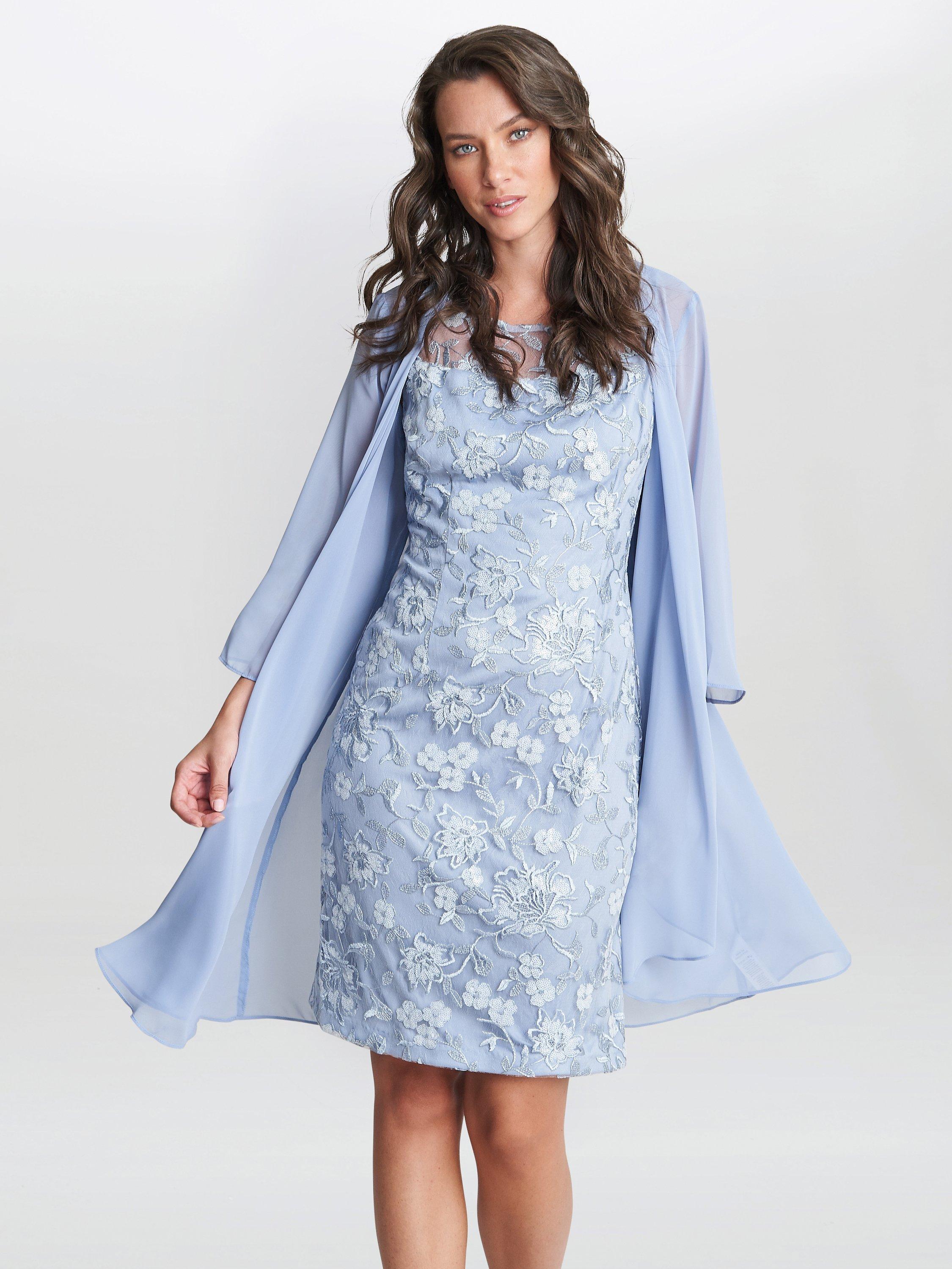 Gina Bacconi Hayley Embroidered Dress with Chiffon Jacket Spring Navy Light Blue