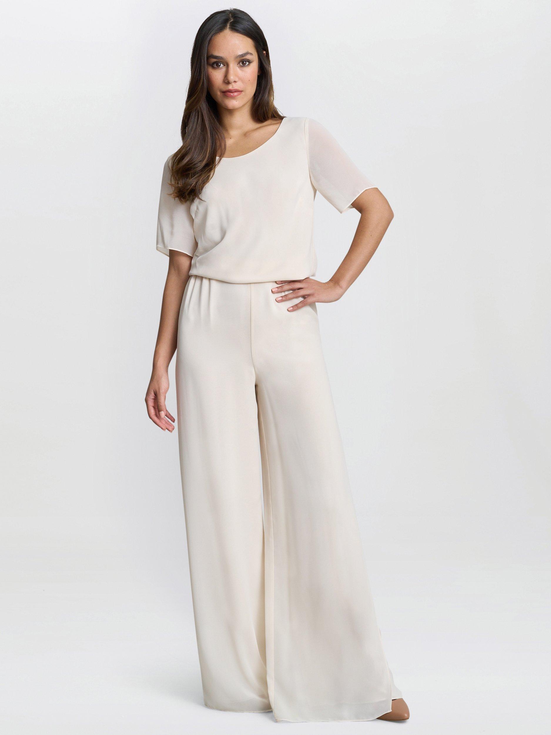 Product image 1 of 4, which shows Gina Bacconi Layered Chiffon Wide Leg Side Slit Trousers, Butter Cream, 8