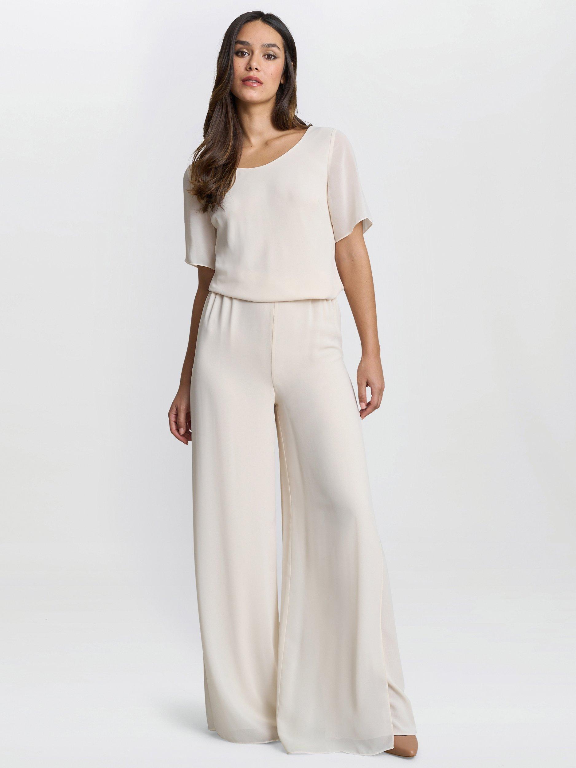 Product image 3 of 4, which shows Gina Bacconi Layered Chiffon Wide Leg Side Slit Trousers, Butter Cream, 8