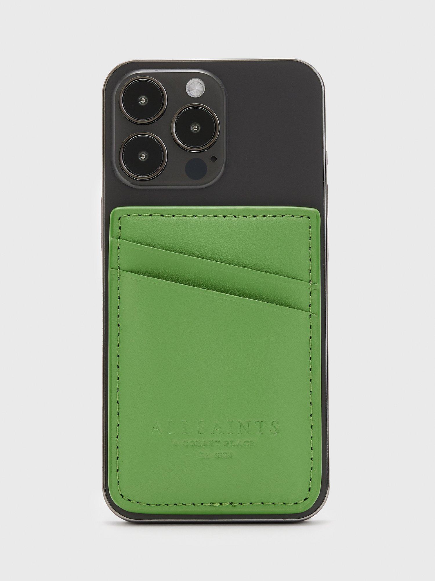 AllSaints Callie Magnetic Leather Cardholder, Green, One Size