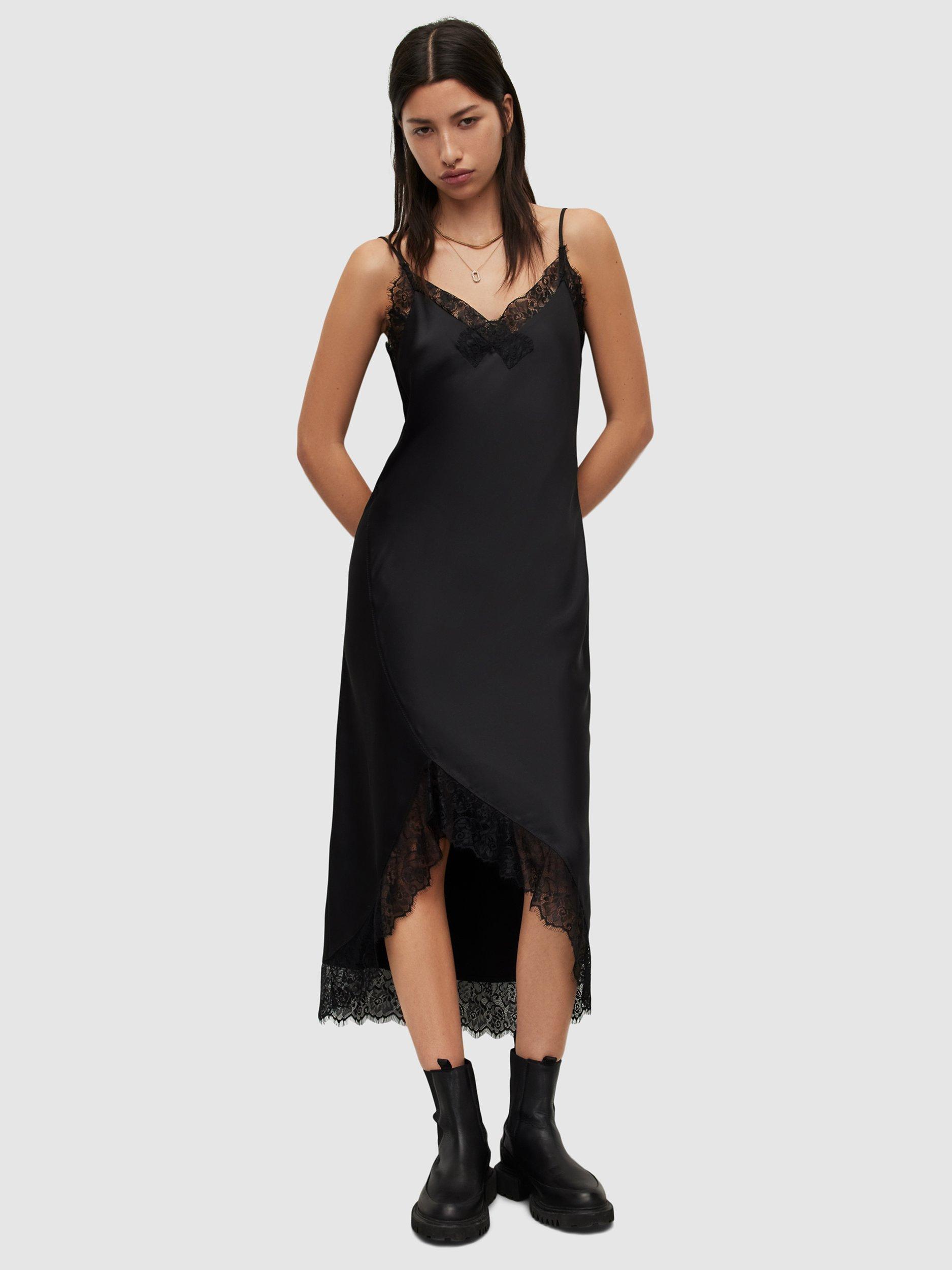 AllSaints Praia Lace Slip Midi Dress, Black