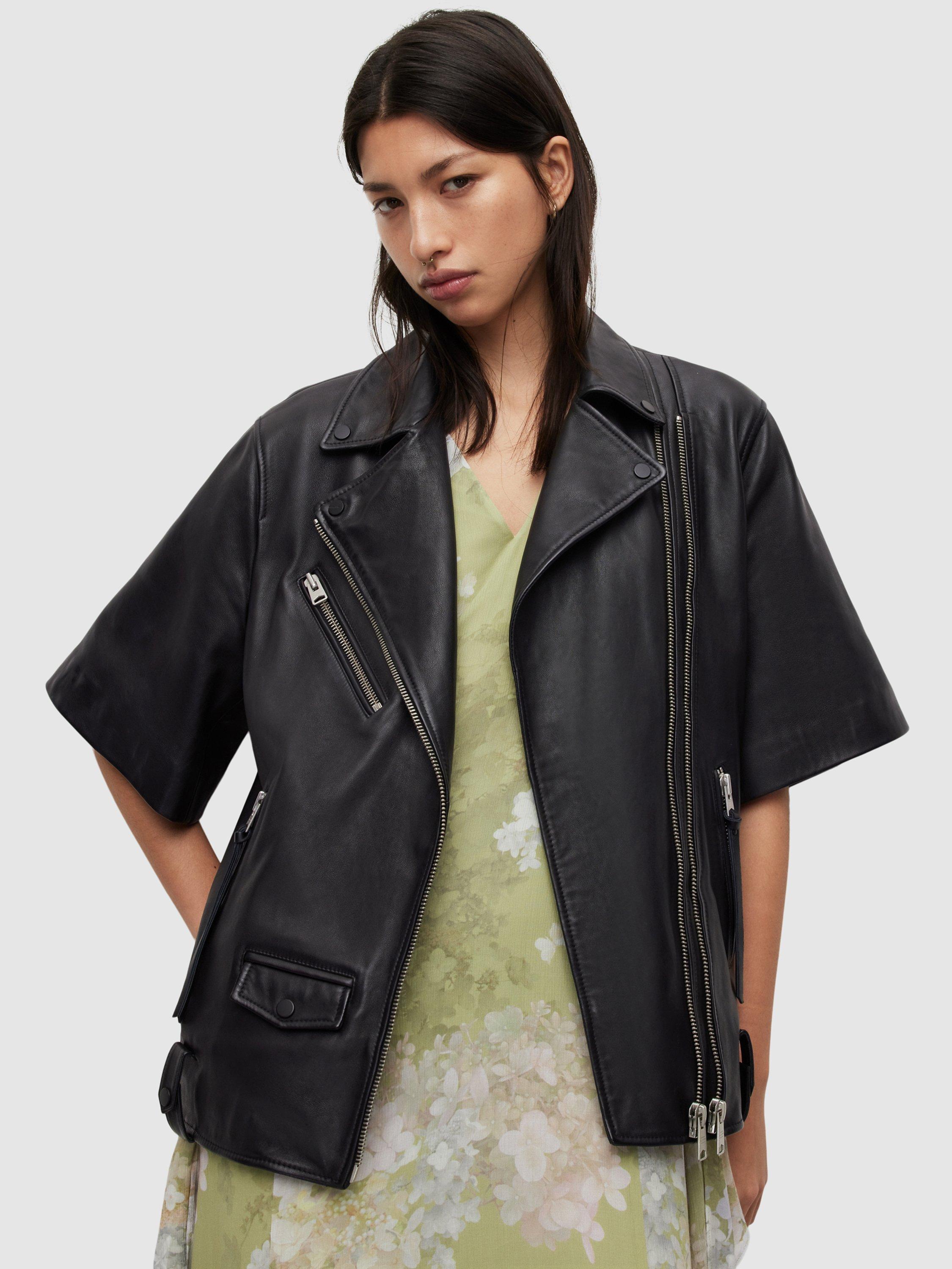 AllSaints Short Sleeved Leather Biker Jacket, Black