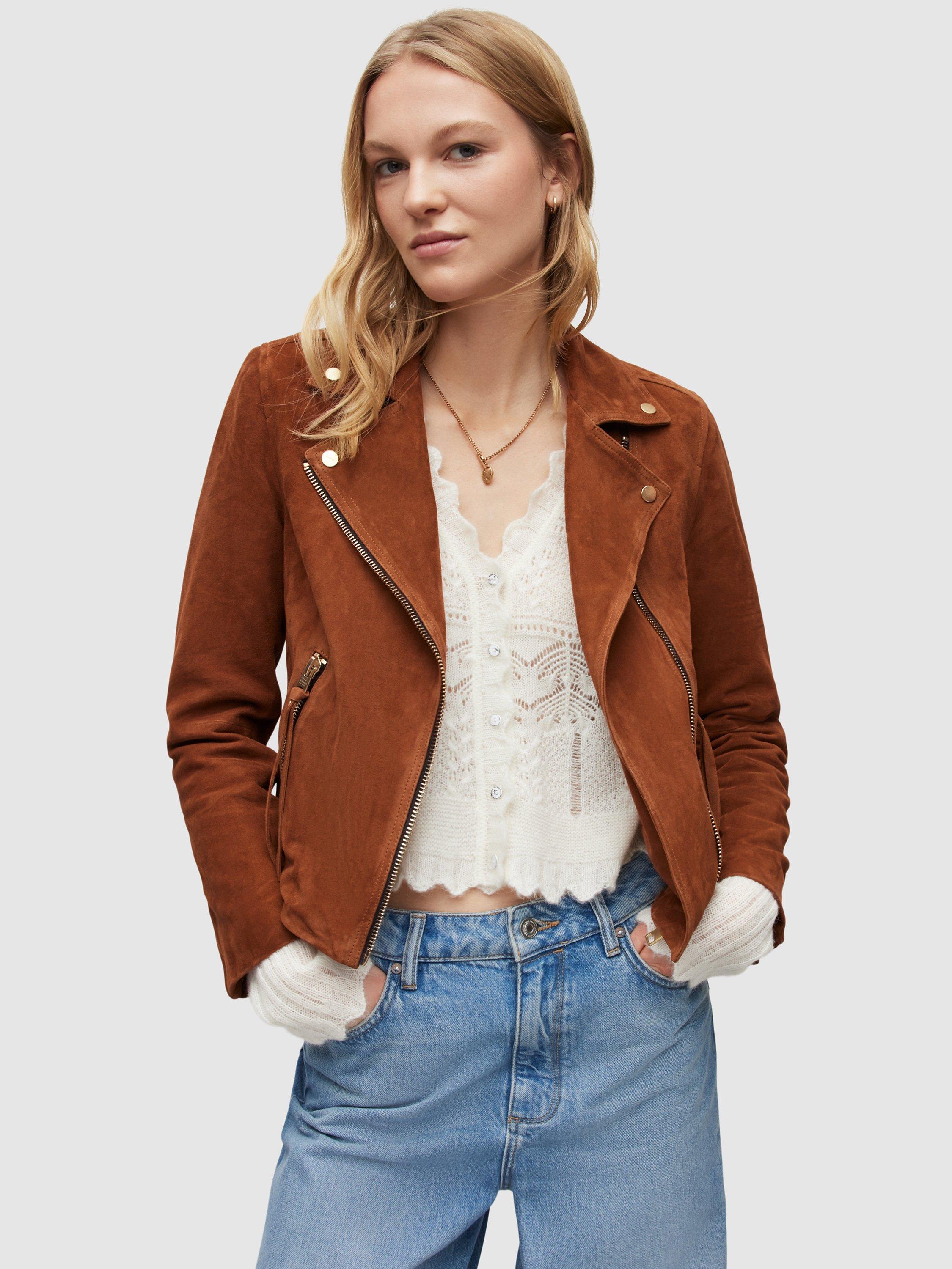 AllSaints Dalby Suede Biker Jacket, Deep Tan Brown