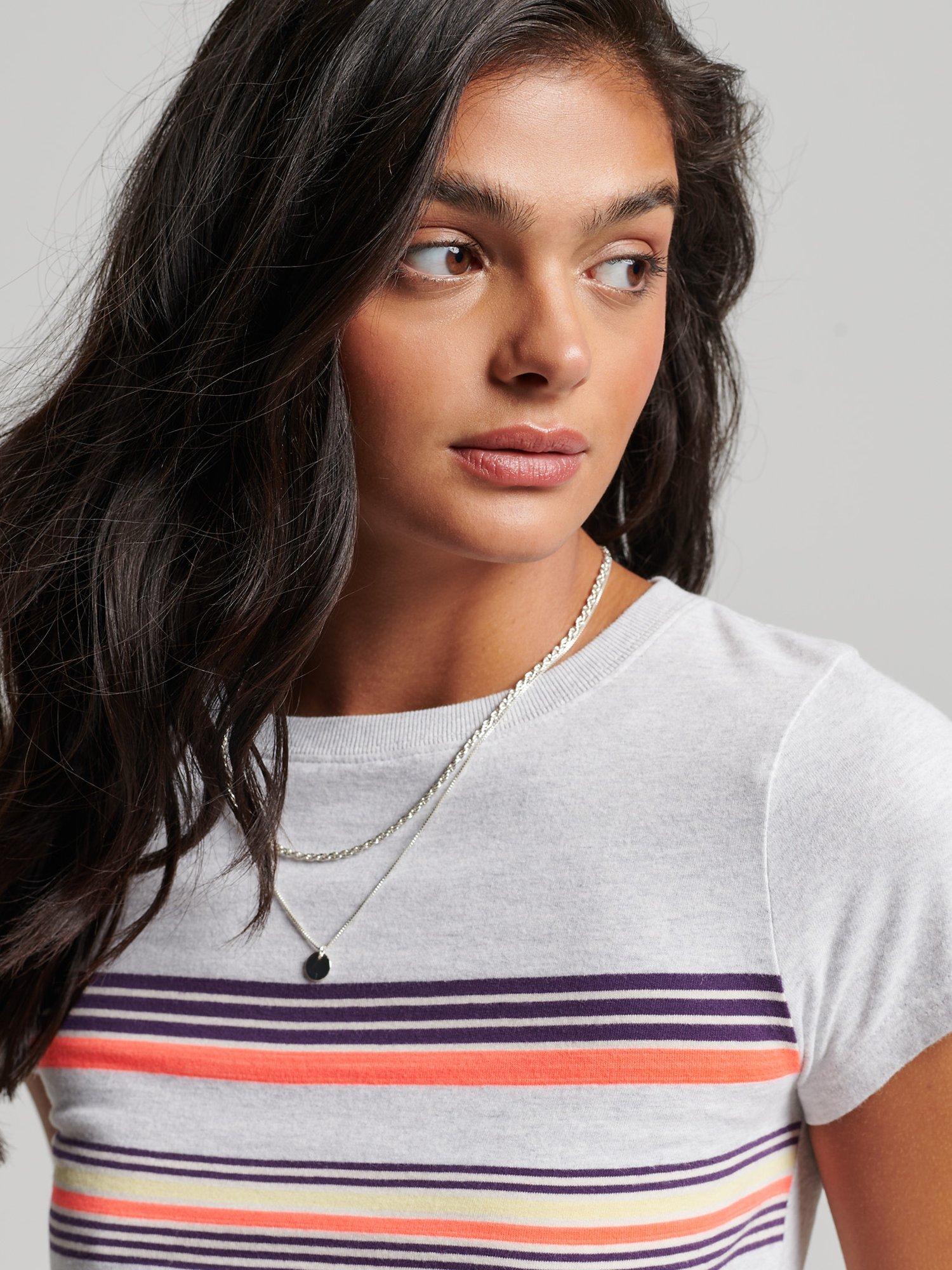 Product image 3 of 6, which shows Superdry Vintage Stripe Crop T-Shirt, Purple/Grey Stripe, 10