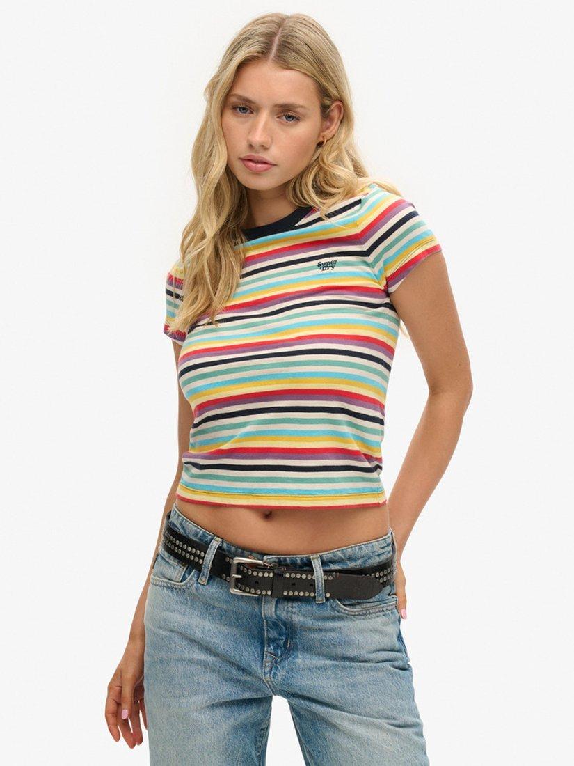 Product image 1 of 4, which shows Superdry Vintage Stripe Crop T-Shirt, Yellow Stripe, 8