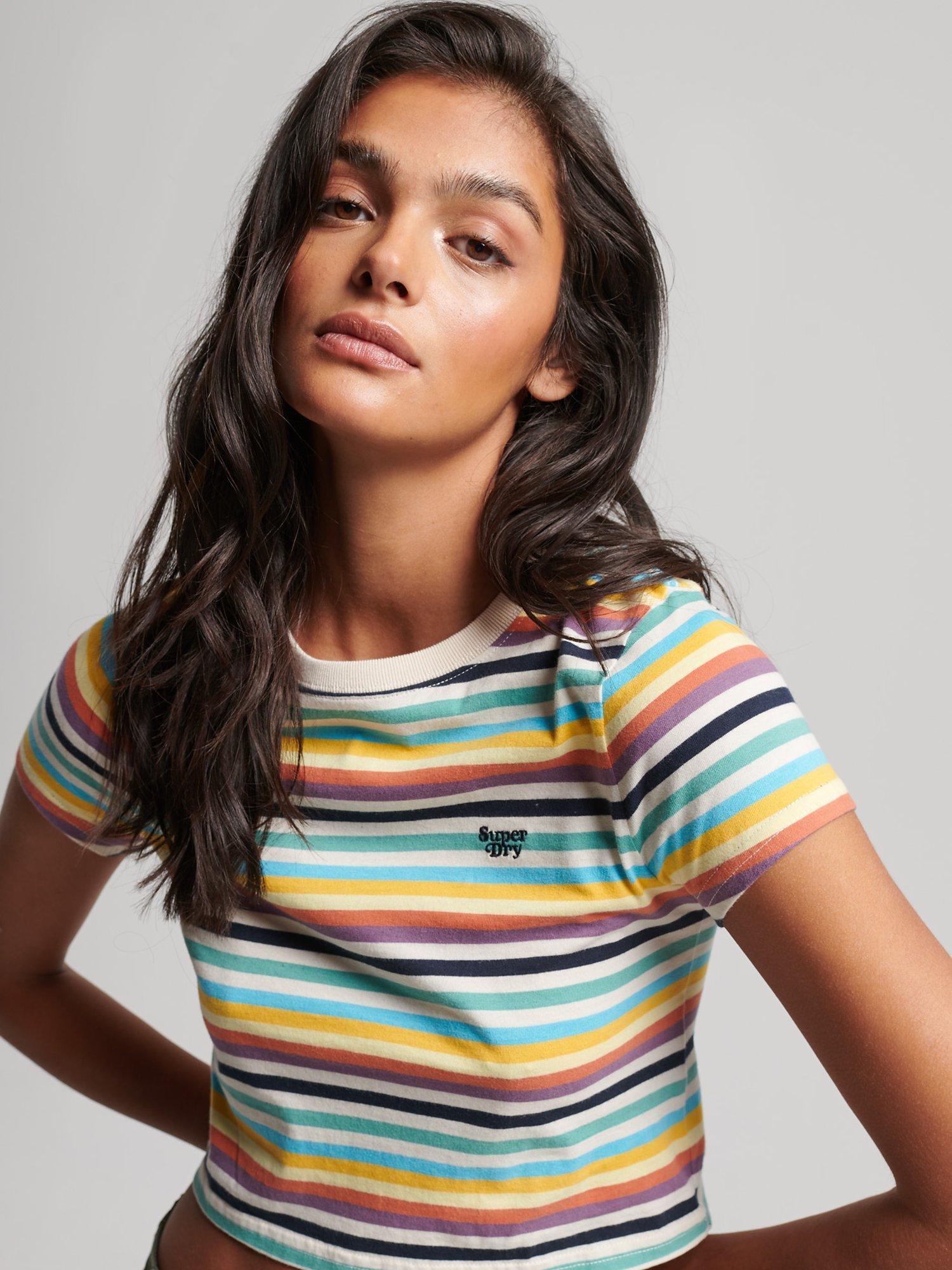 Product image 3 of 4, which shows Superdry Vintage Stripe Crop T-Shirt, Yellow Stripe, 8