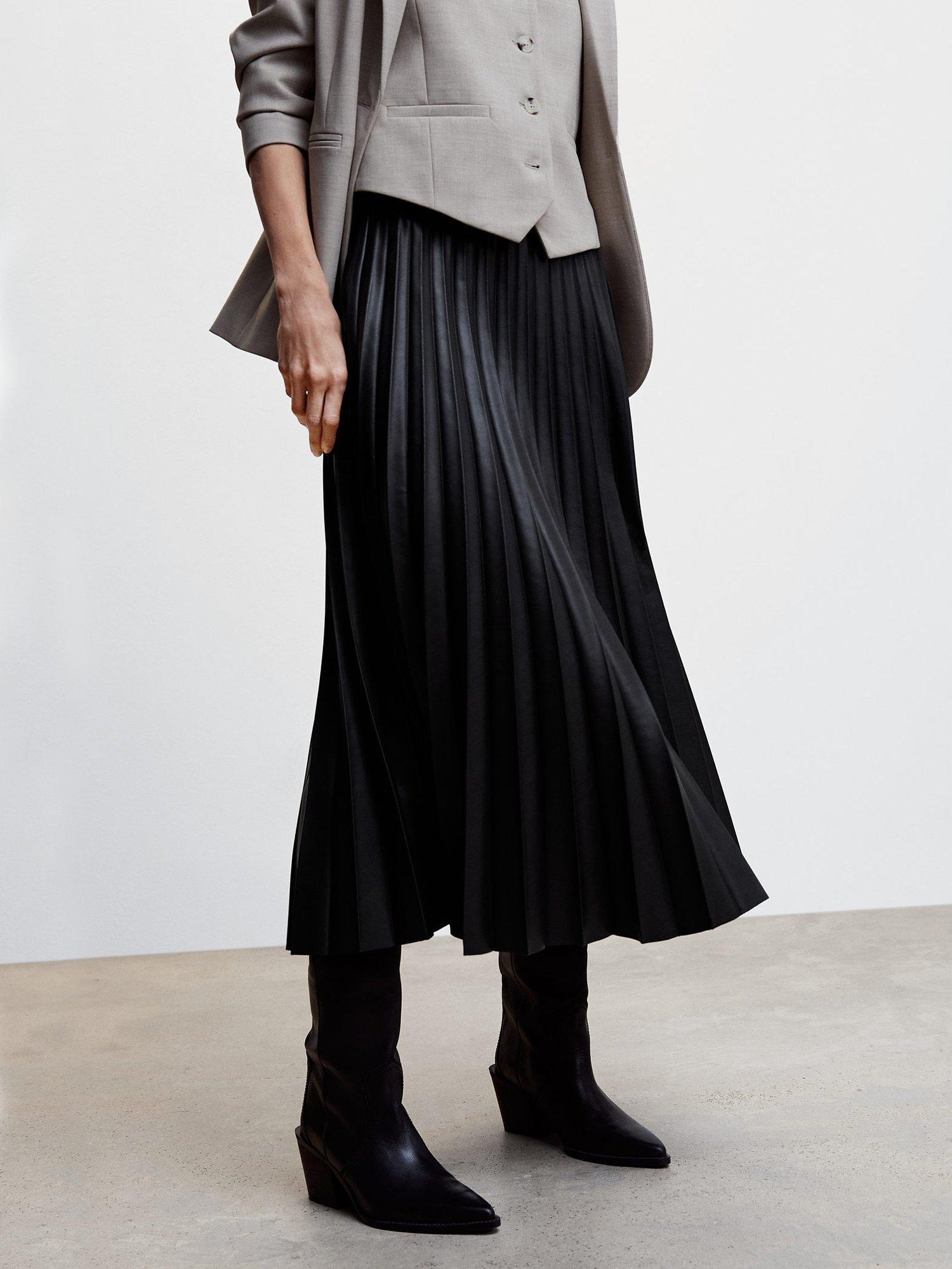 Mango Faux Leather Pleated Midi Skirt, Black