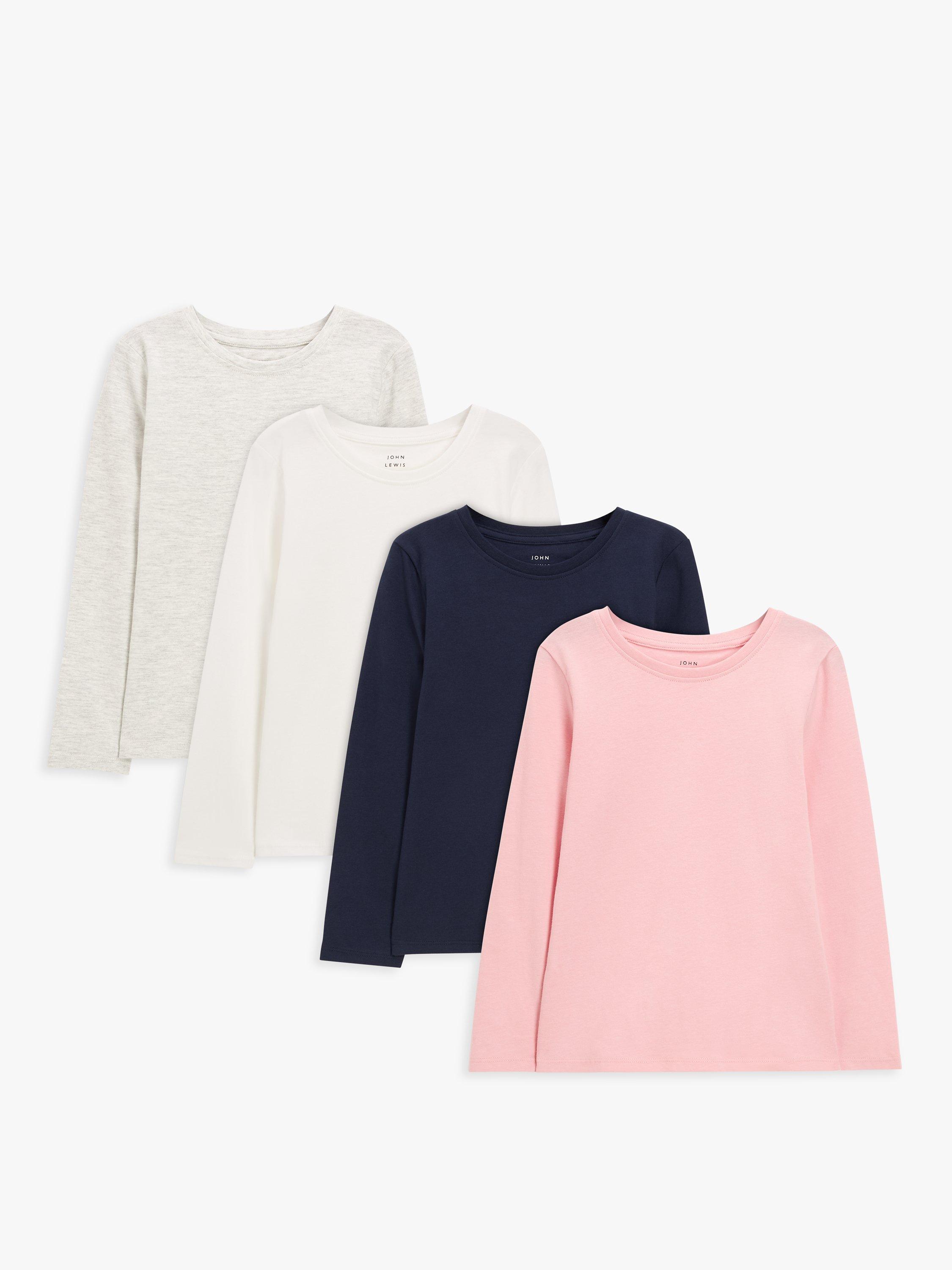 John Lewis Kids' Plain Long Sleeve Jersey Top, Pack of 4, Grey/White/Navy/Pink
