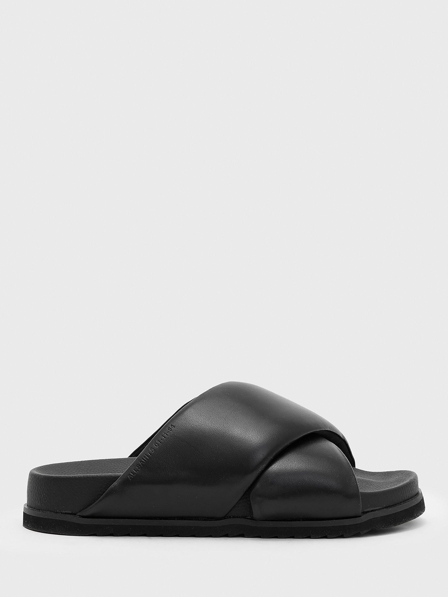 AllSaints Saki Cross Strap Leather Slider Sandals, Black